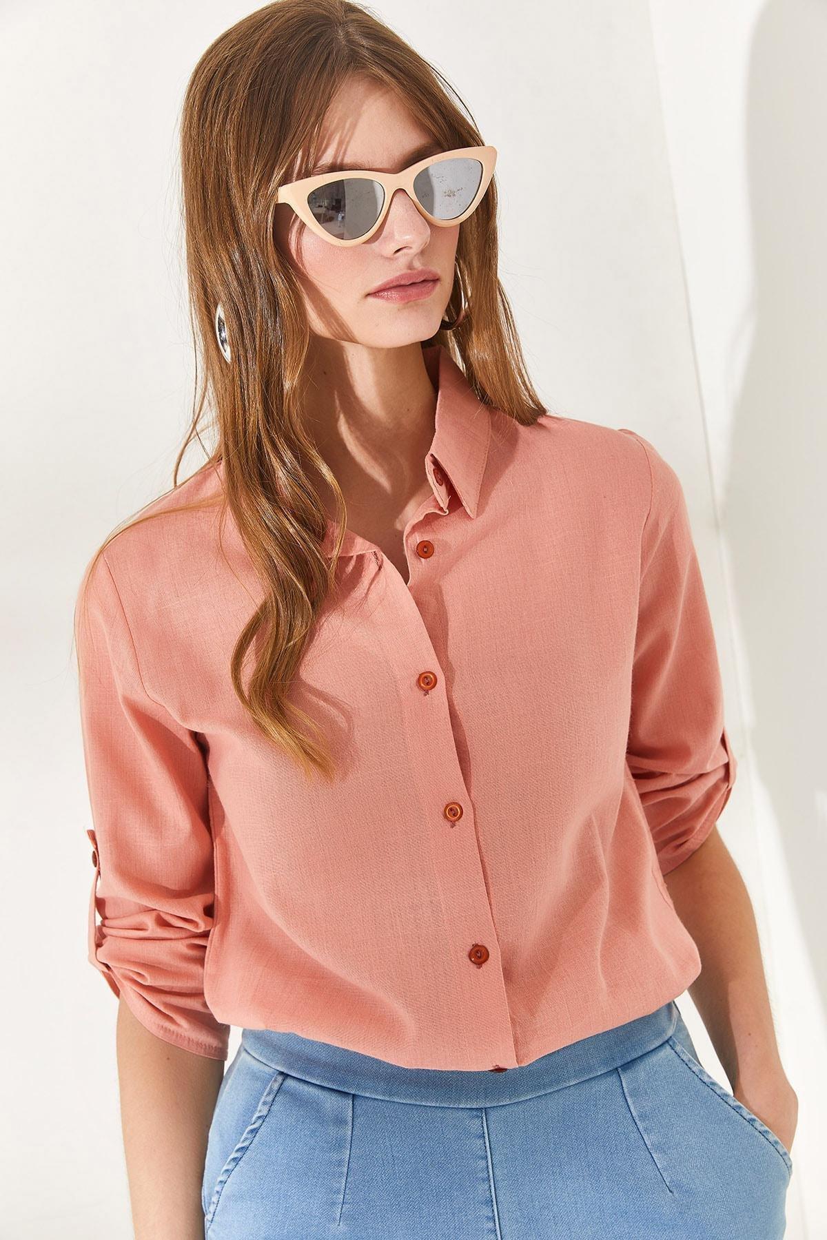Pink Sleeve Fold Linen Shirt, POWDER, large image number 3