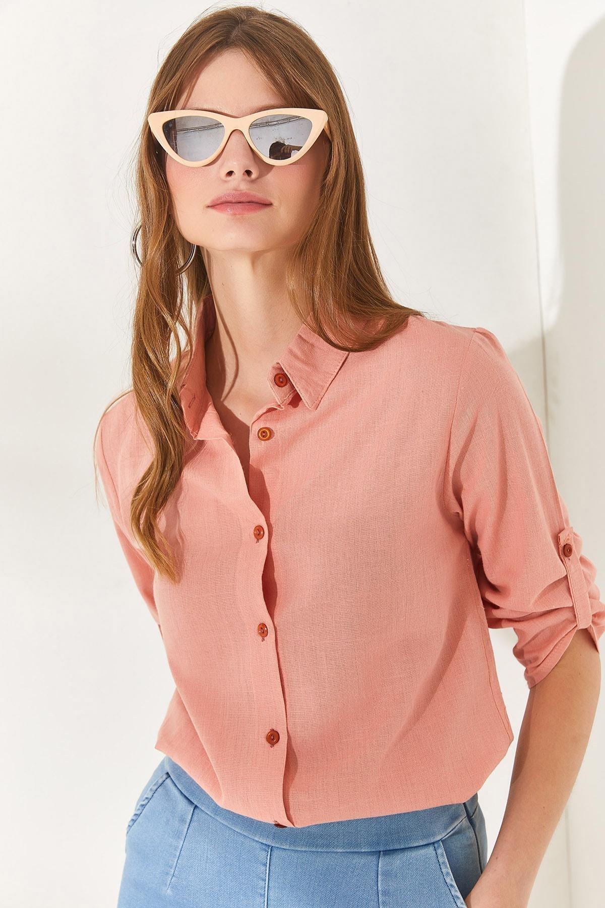 Pink Sleeve Fold Linen Shirt, POWDER, large image number 4