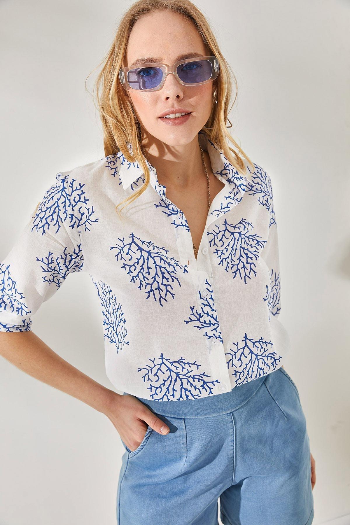 Blue Folding Sleeves Linen Shirt, , medium