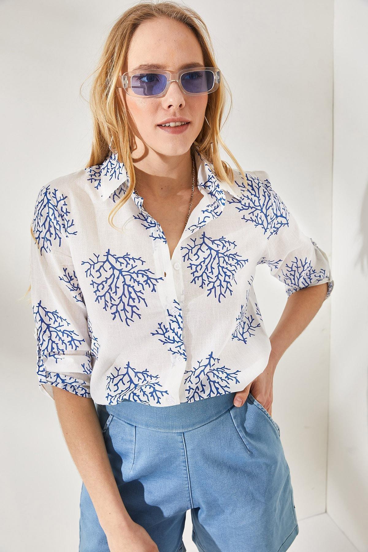 Blue Folding Sleeves Linen Shirt, , large image number 1