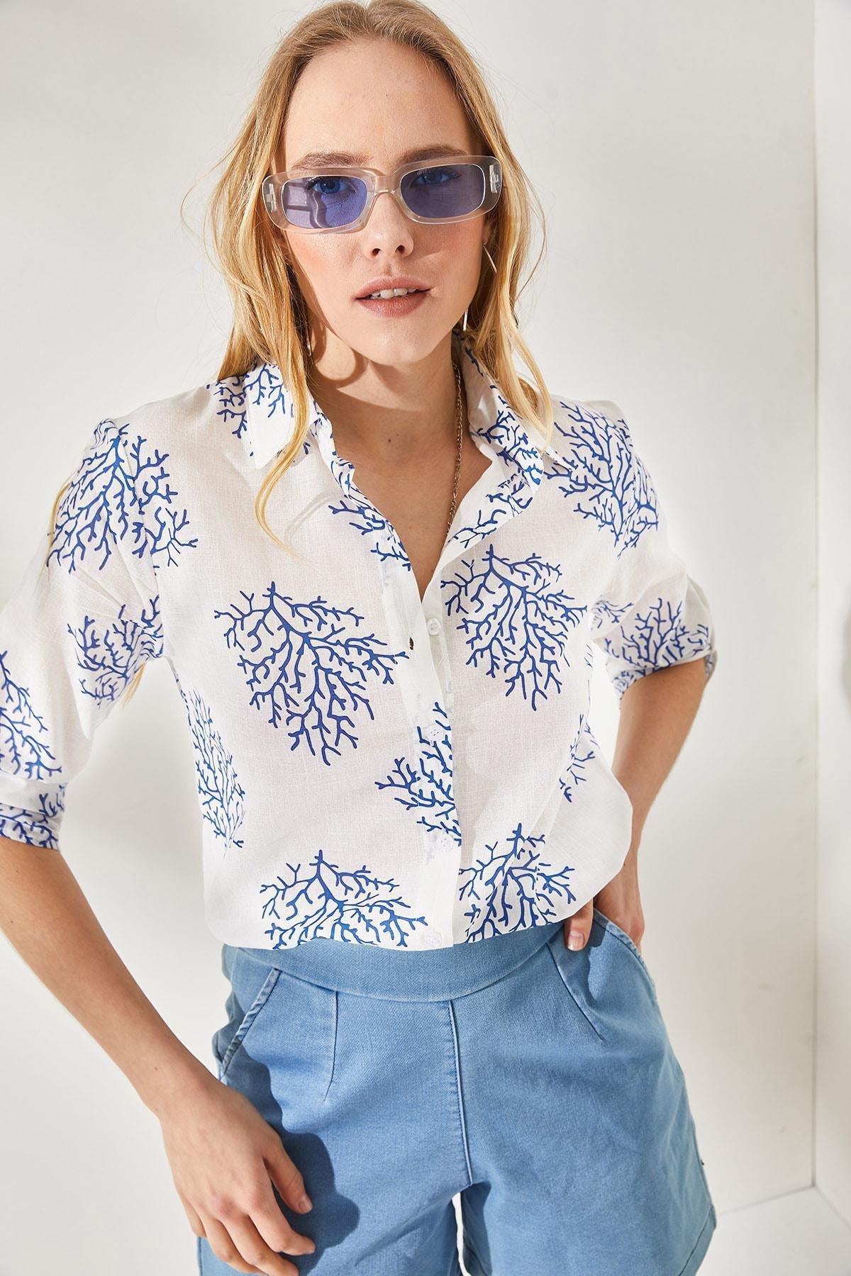 Blue Folding Sleeves Linen Shirt, , large image number 2