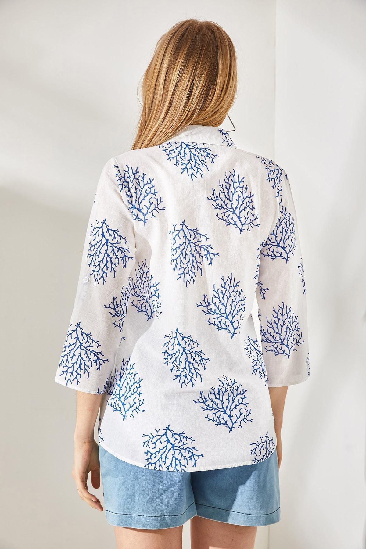Blue Folding Sleeves Linen Shirt, , large image number 4