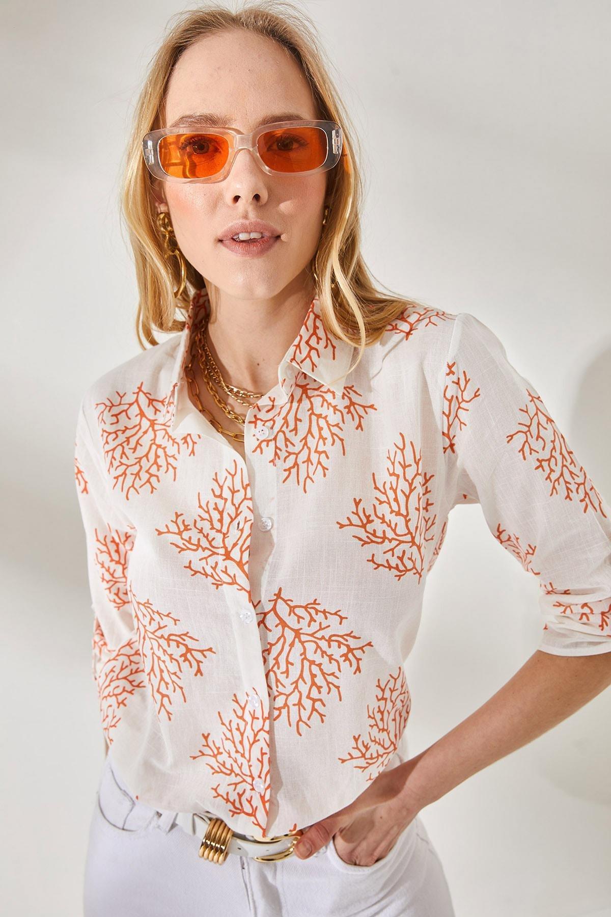 Orange Fold Sleeve Linen Shirt, , large image number 0