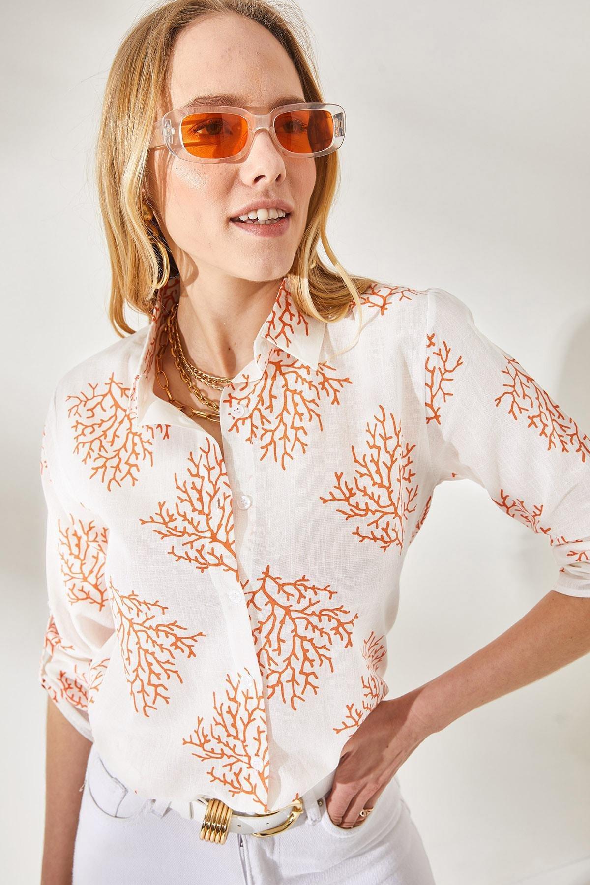 Orange Fold Sleeve Linen Shirt, , large image number 1