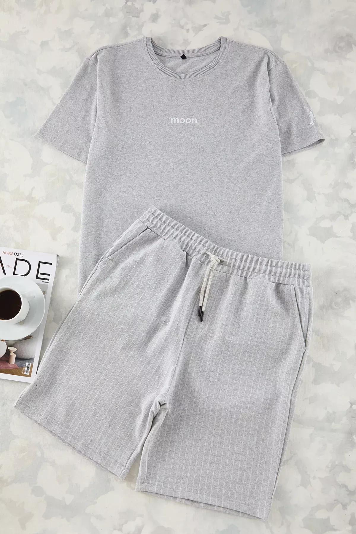 Grey Striped Shorts Pajama Set, , large image number 0