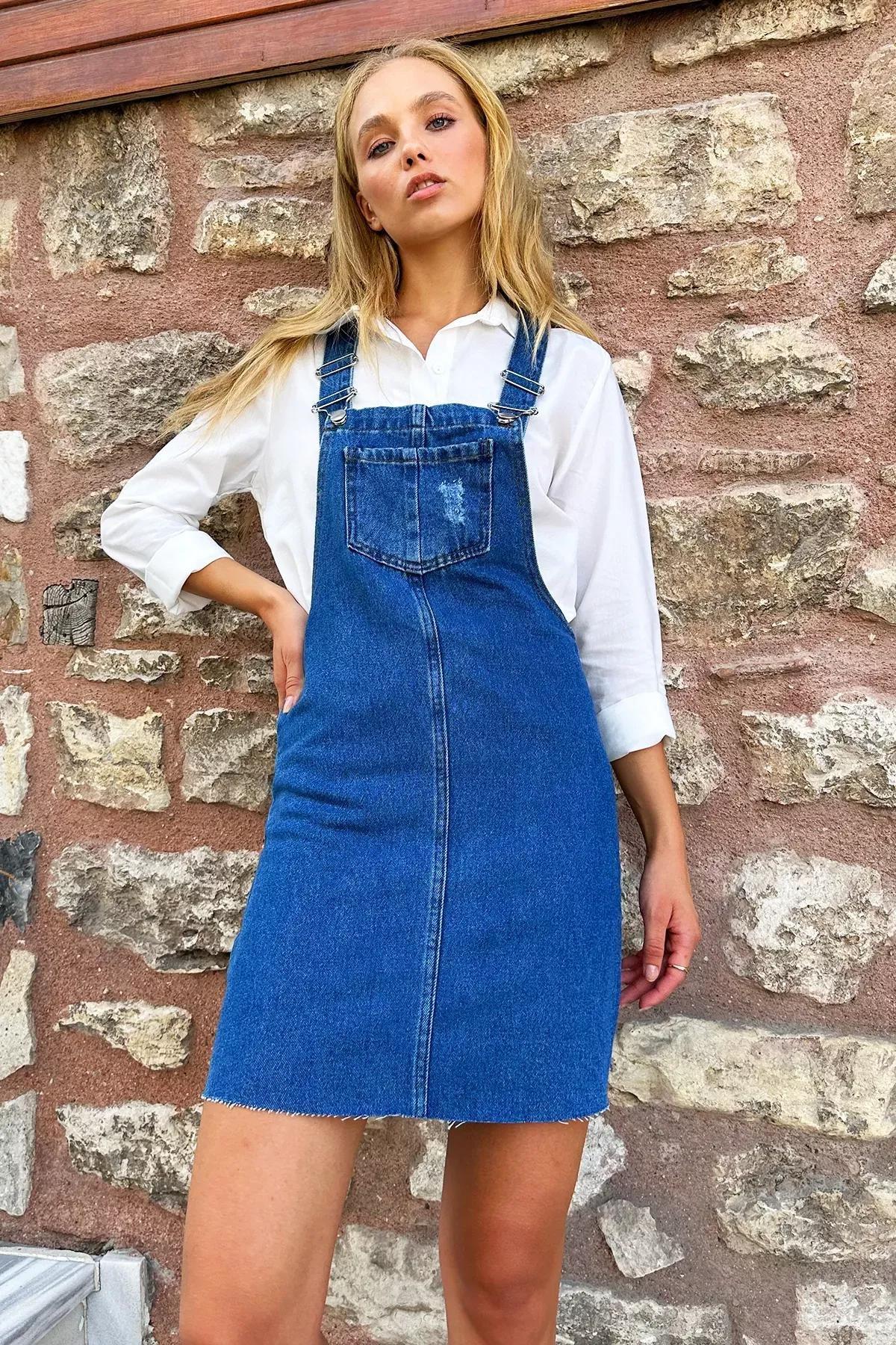 Blue Detailed A-Line Dress, , large image number 0