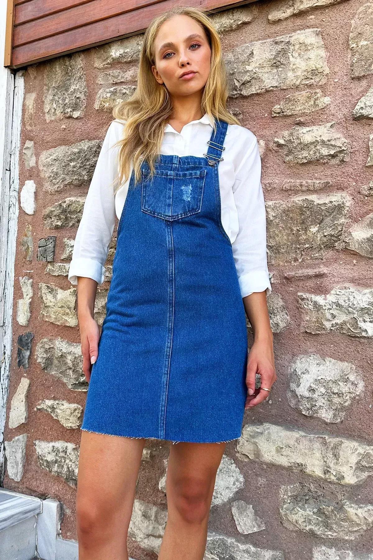 Blue Detailed A-Line Dress, , large image number 4