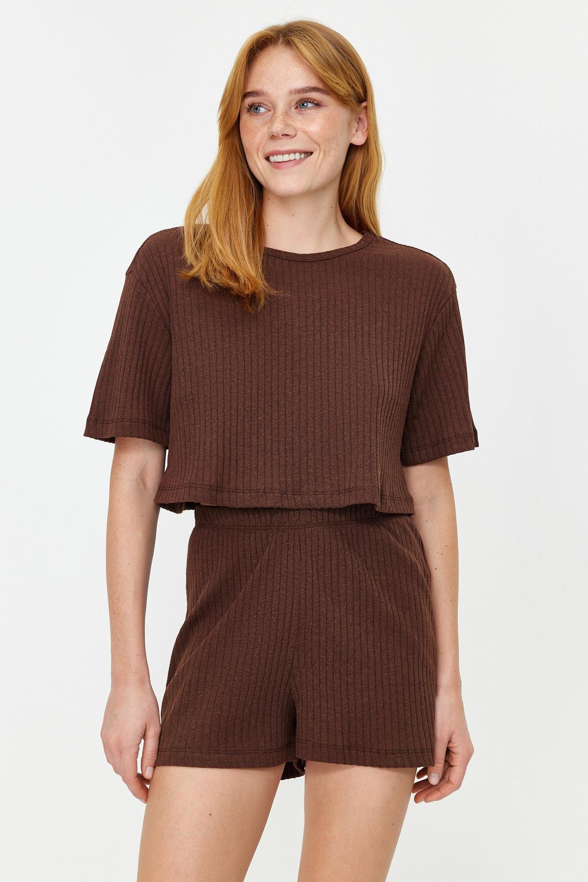 Brown Cotton Knitted Pyjama Set, , large image number 0