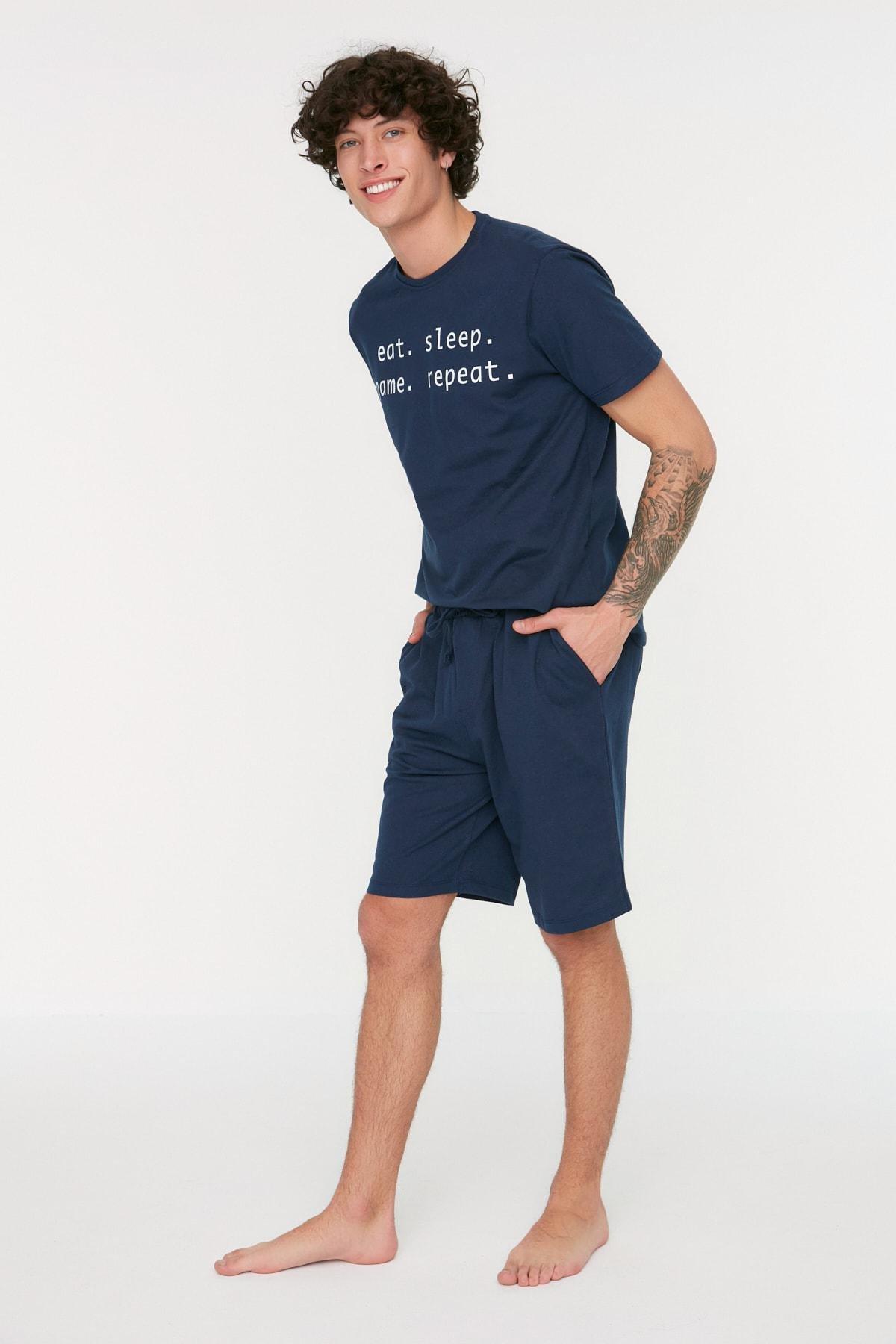 Navy Printed Mid Waist Pajama Set, , large image number 0