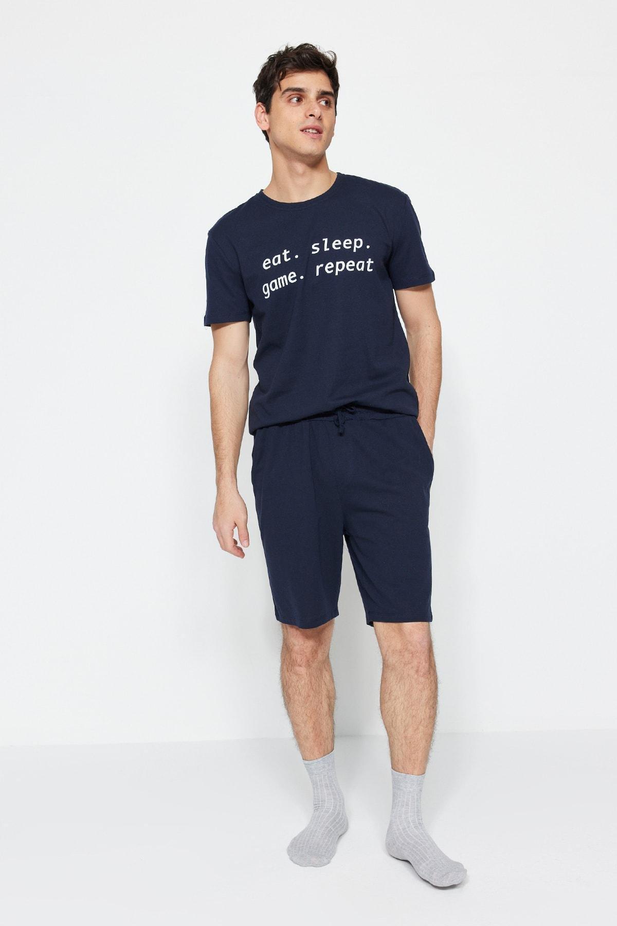 Trendyol - Navy Printed Mid-Waist Pyjama Set