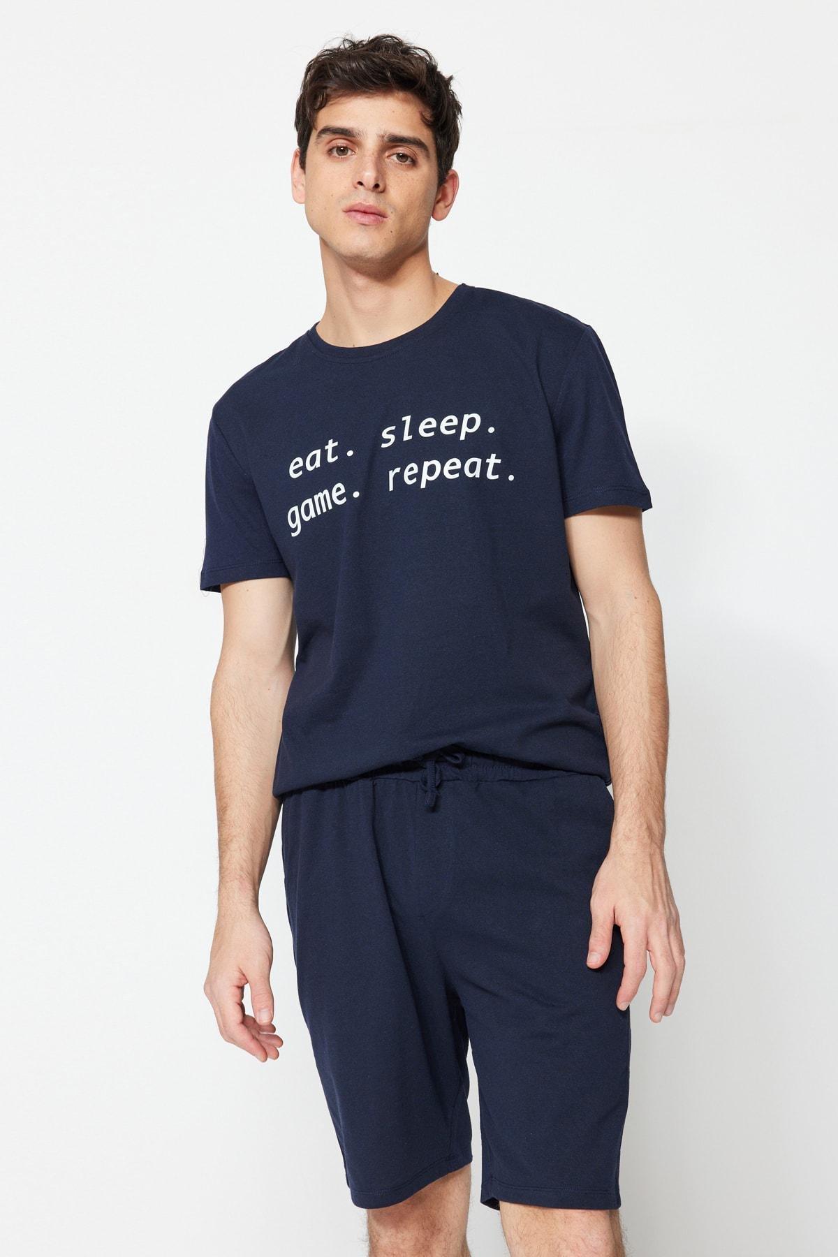 Trendyol - Navy Printed Mid-Waist Pyjama Set