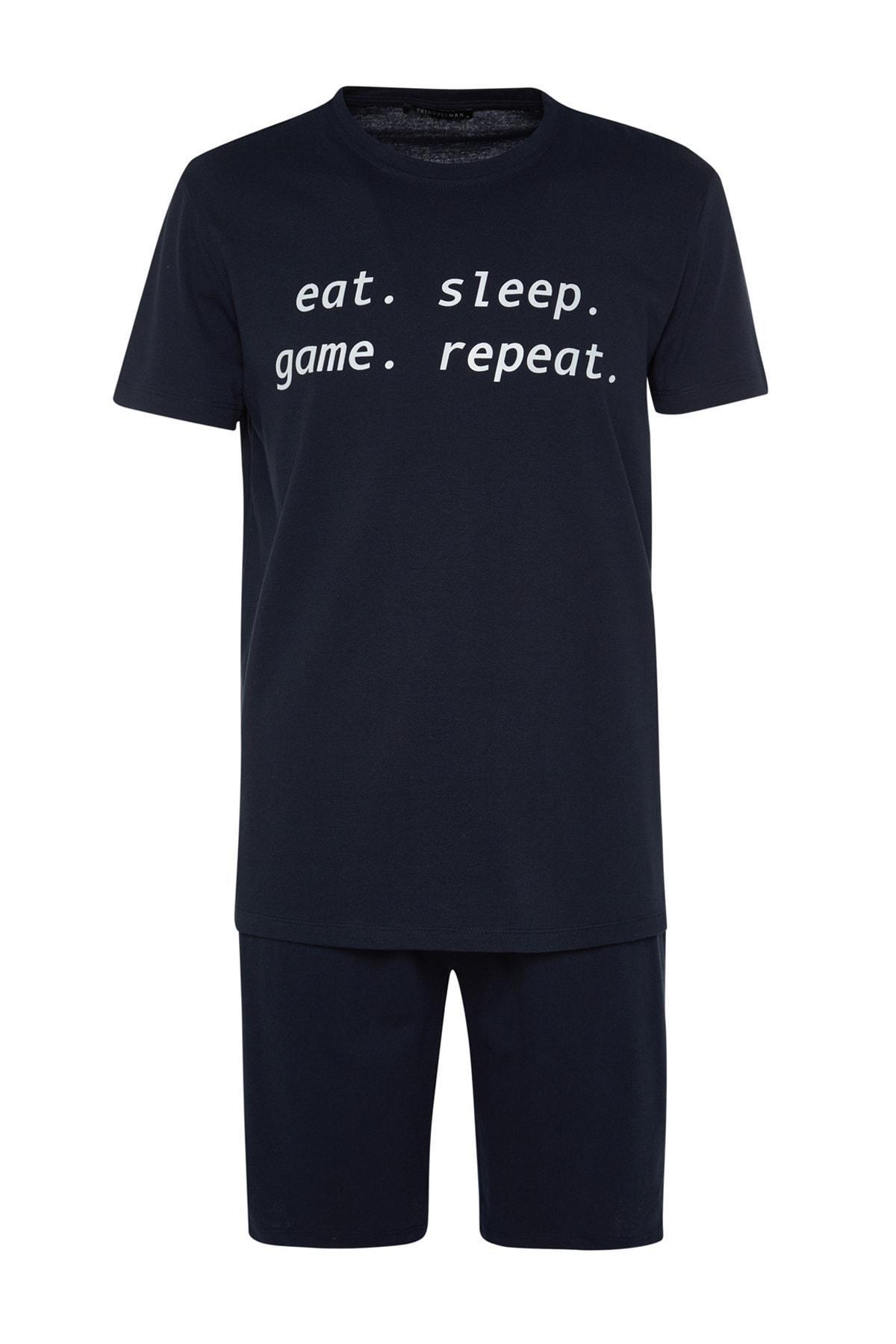 Trendyol - Navy Printed Mid-Waist Pyjama Set