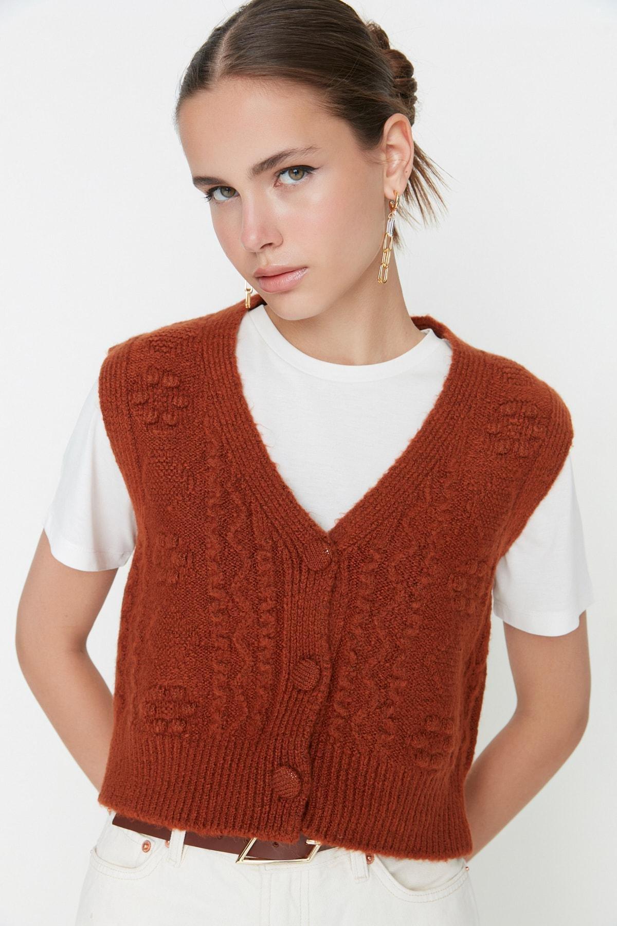 Brown Knitted V-Neck Sweater Vest, , large image number 0