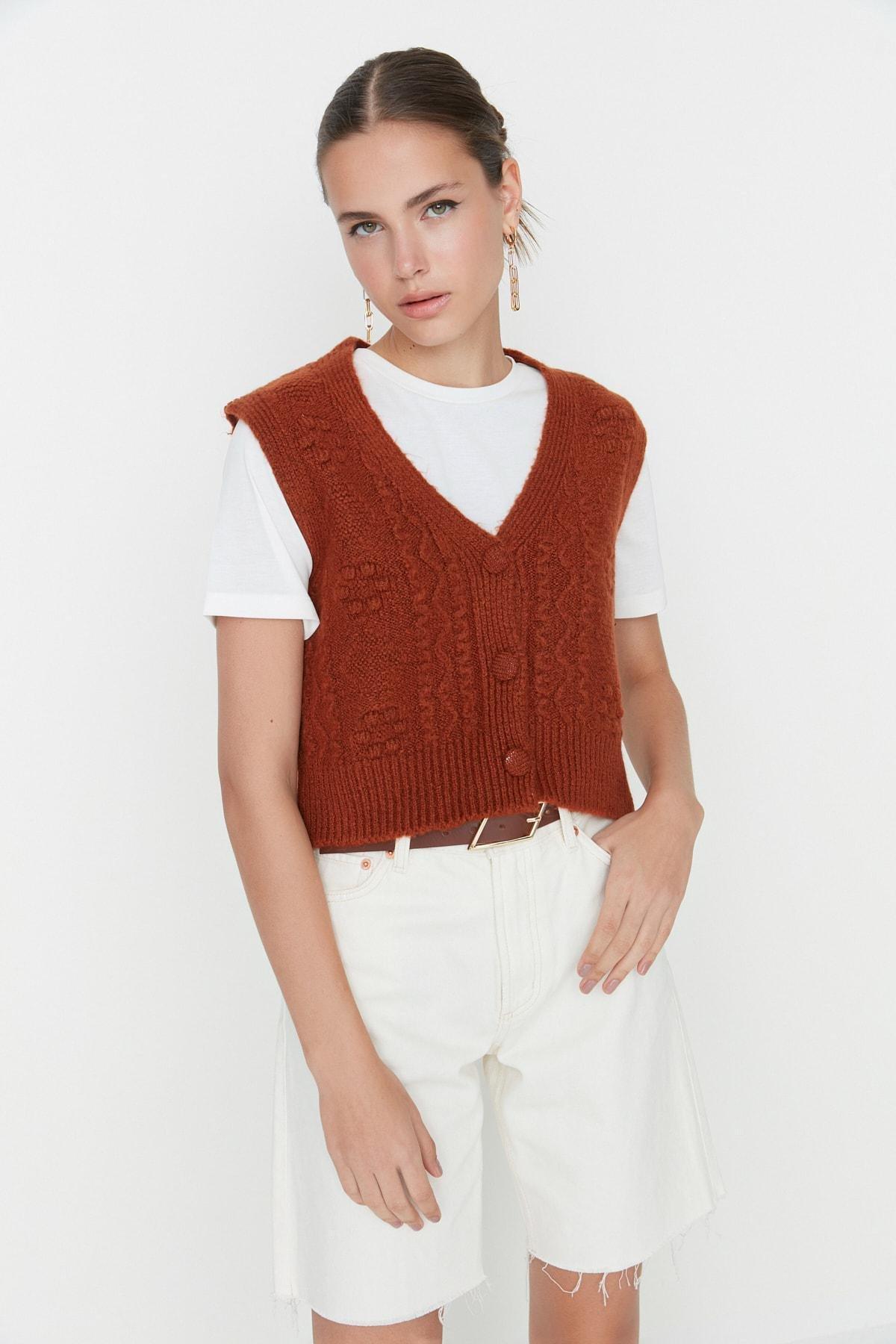 Brown Knitted V-Neck Sweater Vest, , large image number 1