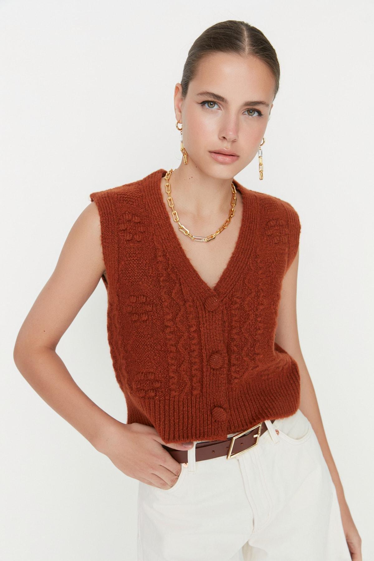 Brown Knitted V-Neck Sweater Vest, , large image number 2