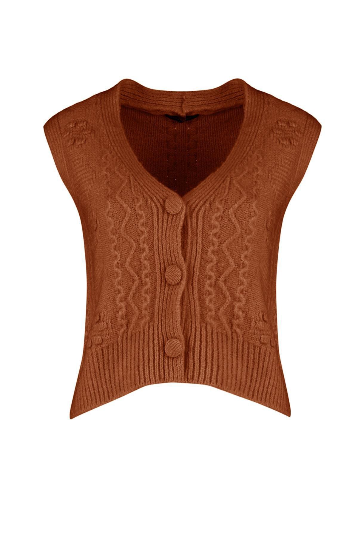 Brown Knitted V-Neck Sweater Vest, , large image number 7