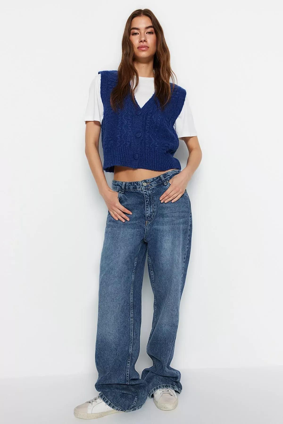 Navy Textured Crochet Sweater, Blue, large image number 0