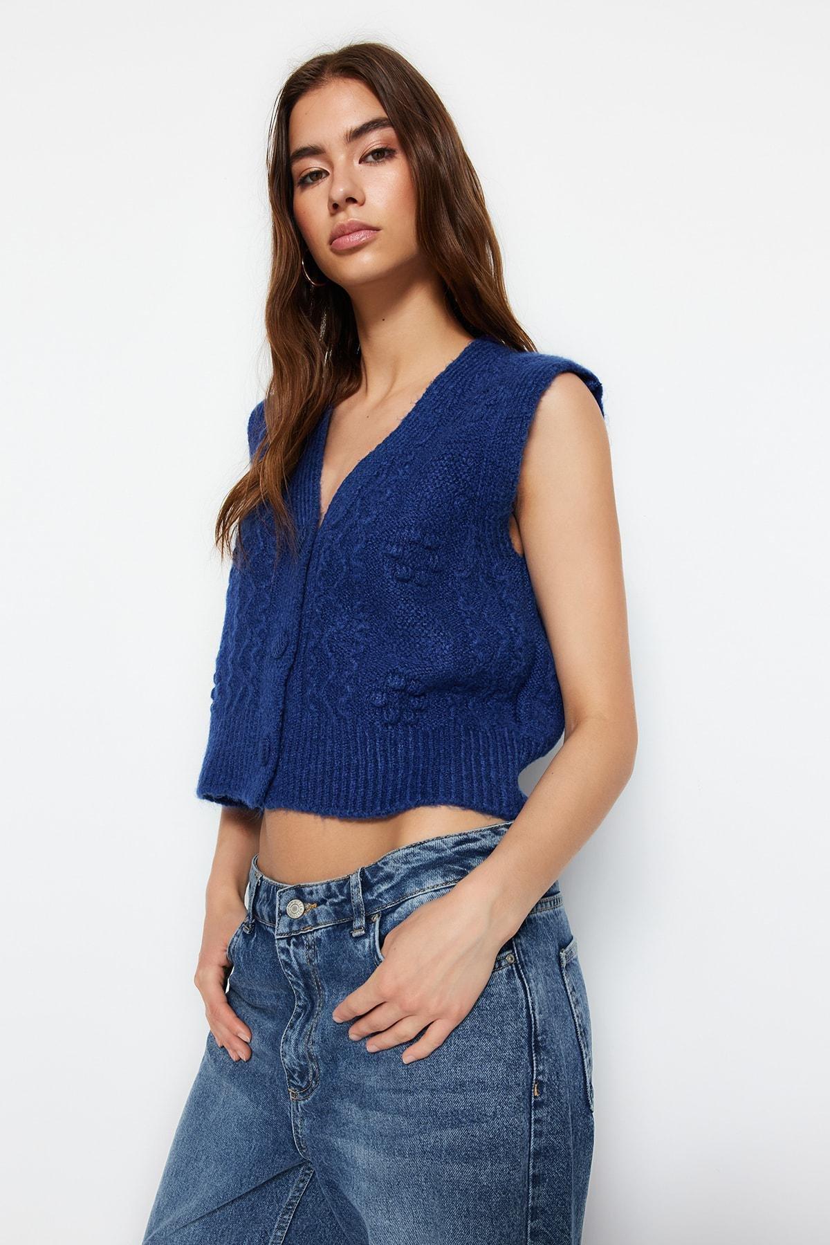 Navy Textured Crochet Sweater, Blue, large image number 1