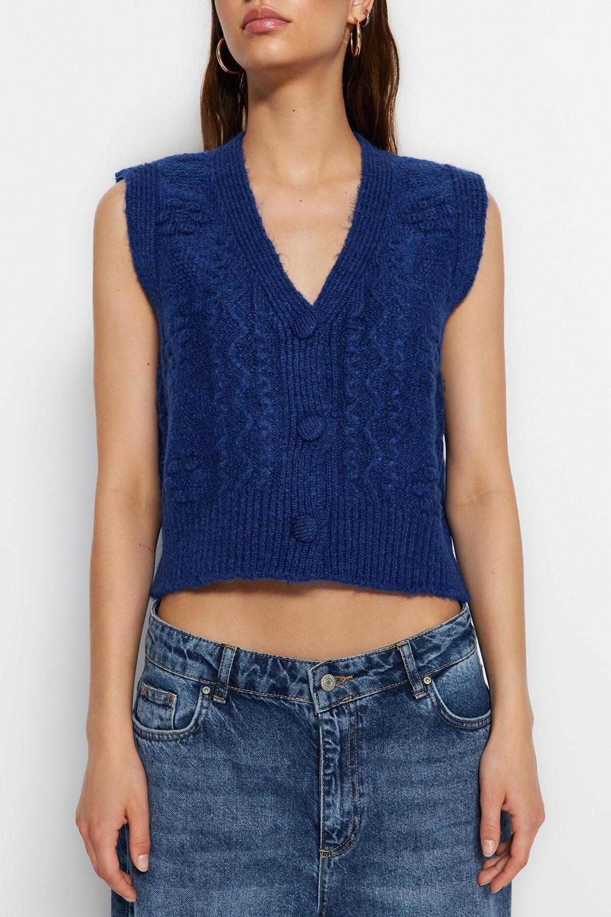 Navy Textured Crochet Sweater, Blue, large image number 2