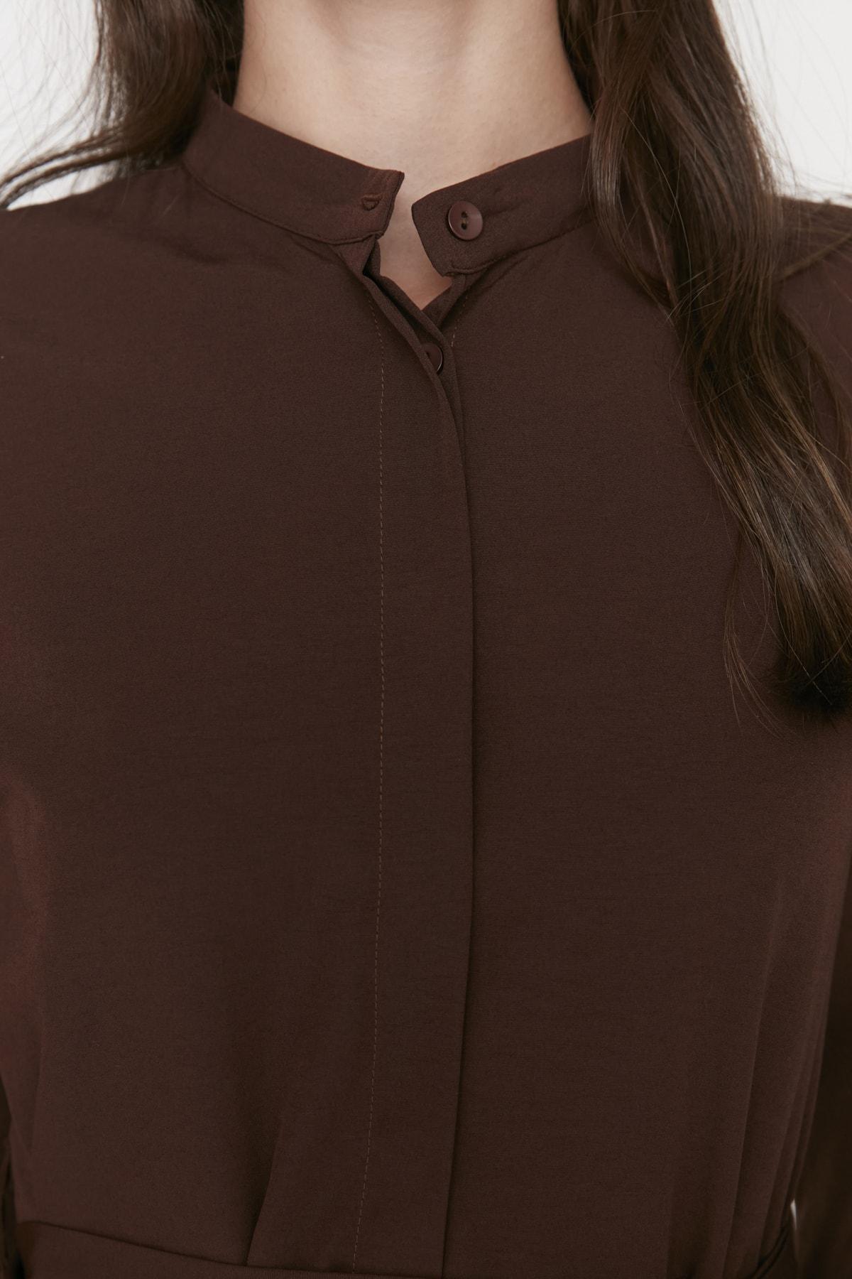 Brown Maxi Standing Collar Dress, , large image number 2
