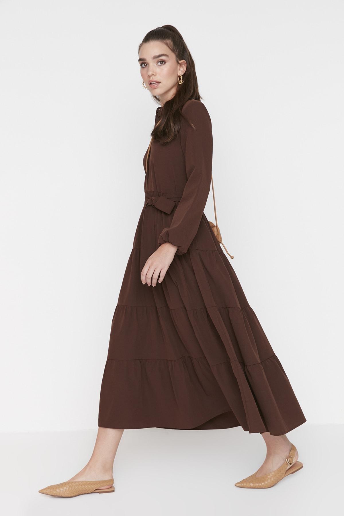 Brown Maxi Standing Collar Dress, , large image number 3