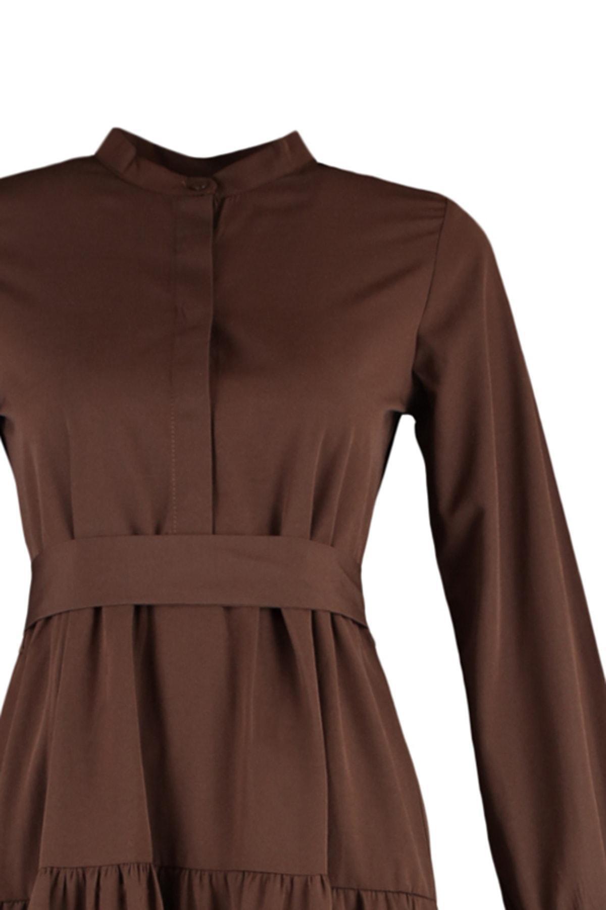 Brown Maxi Standing Collar Dress, , large image number 5