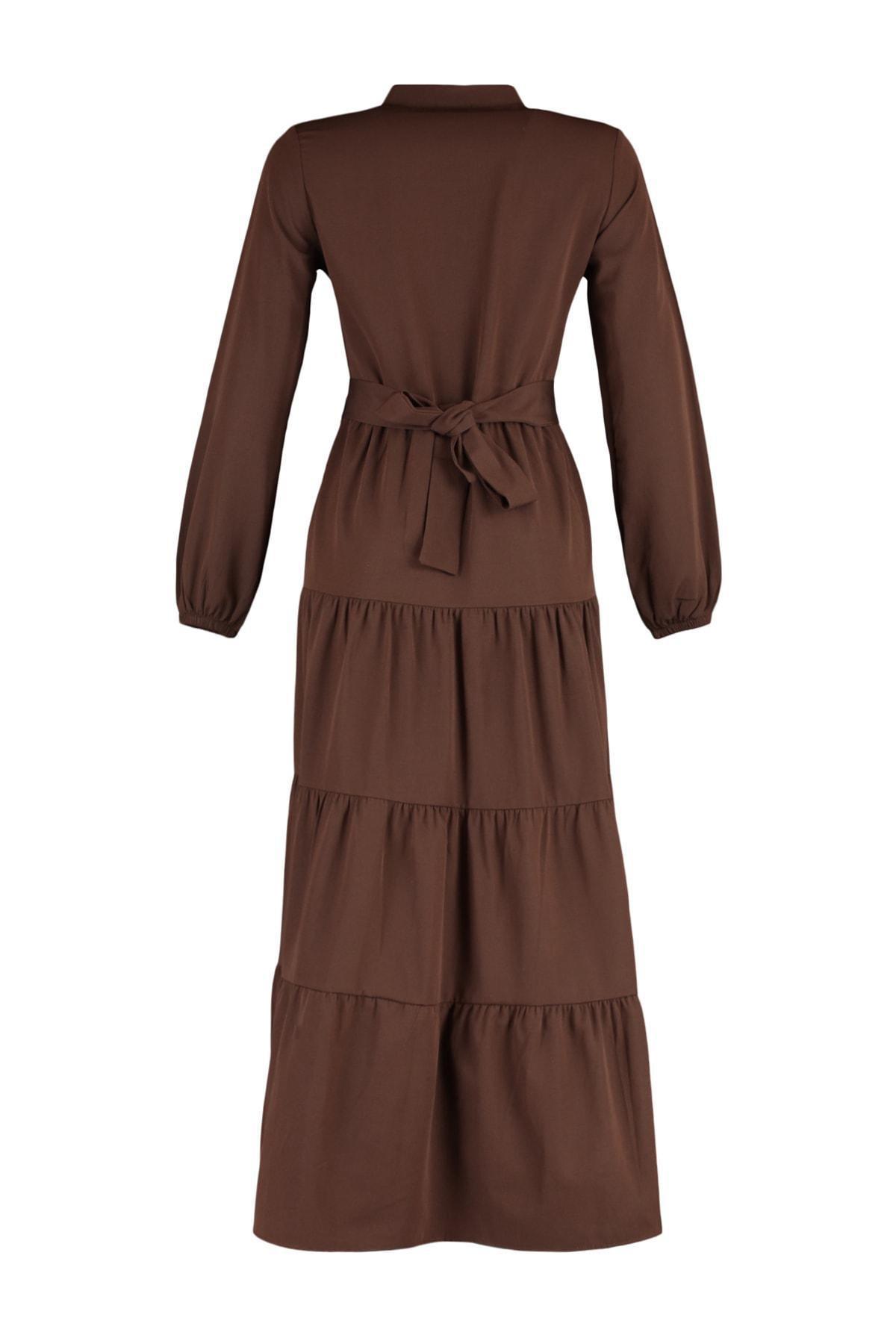 Brown Maxi Standing Collar Dress, , large image number 6