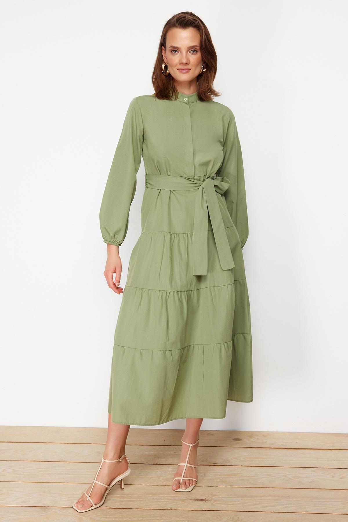 Green Standing Collar Dress, , large image number 0
