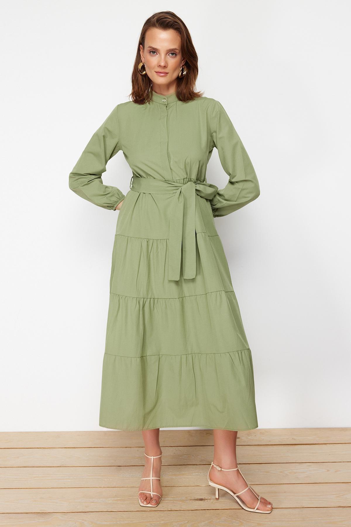 Green Standing Collar Dress, , large image number 1
