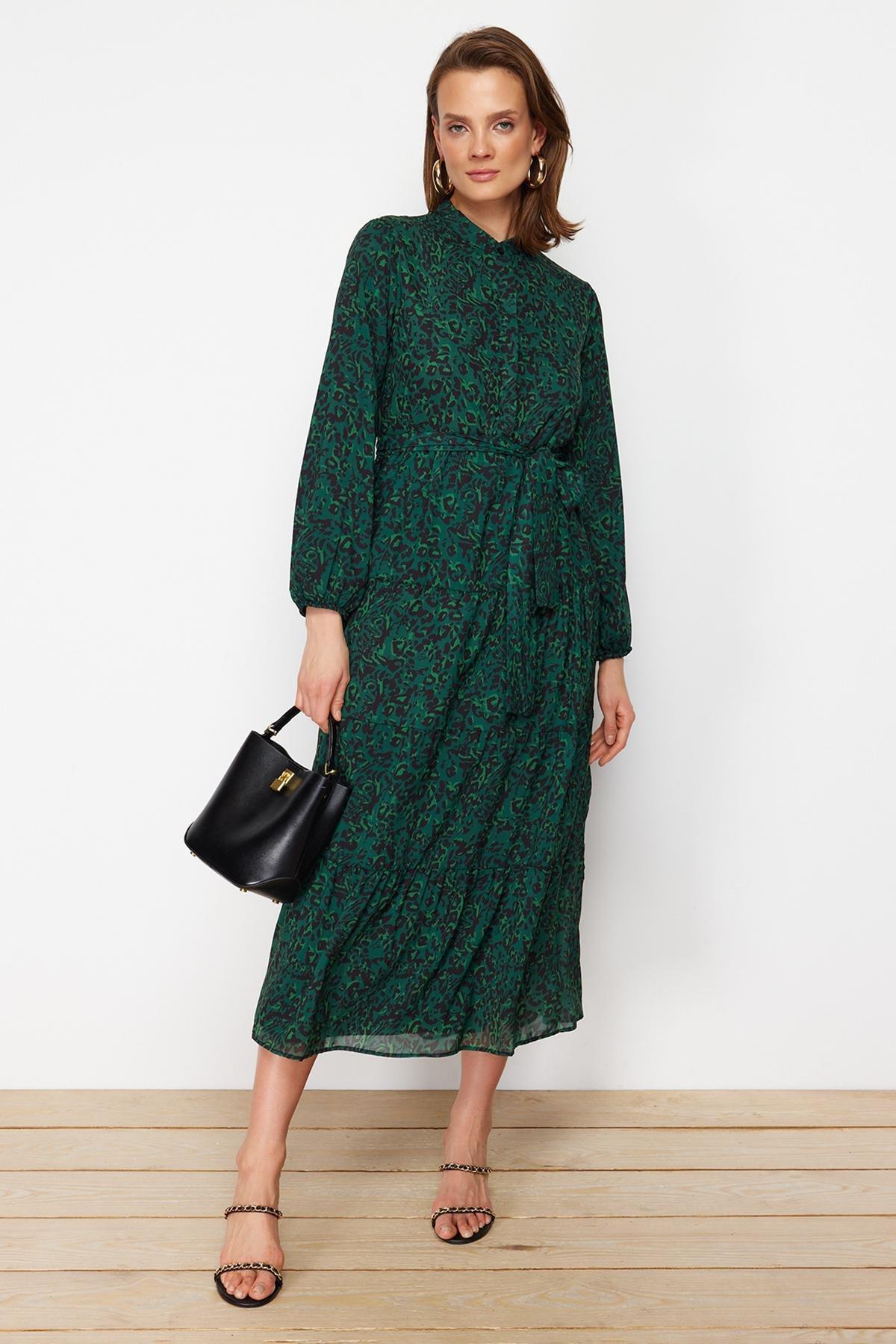 Green Patterned Chiffon Woven Dress, , large image number 0