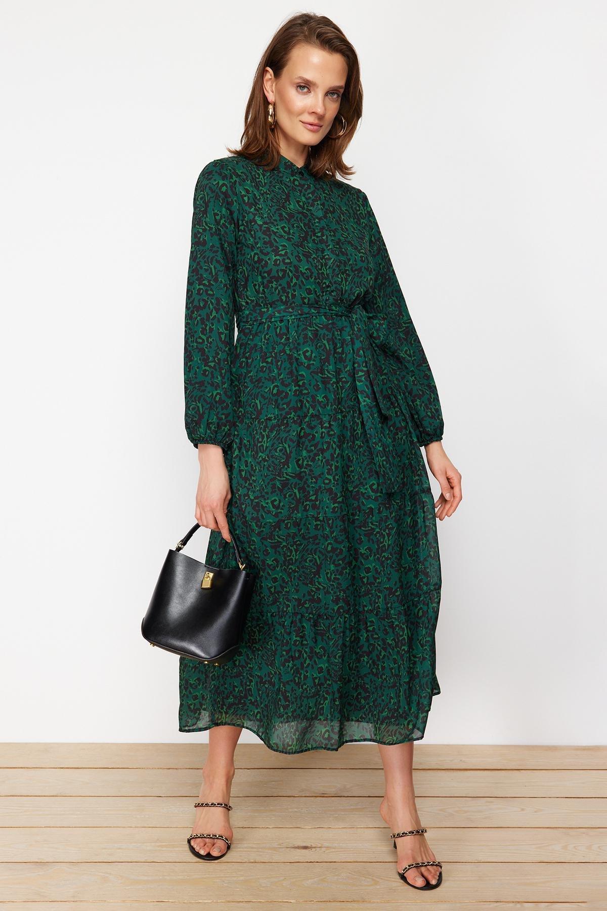 Green Patterned Chiffon Woven Dress, , large image number 1