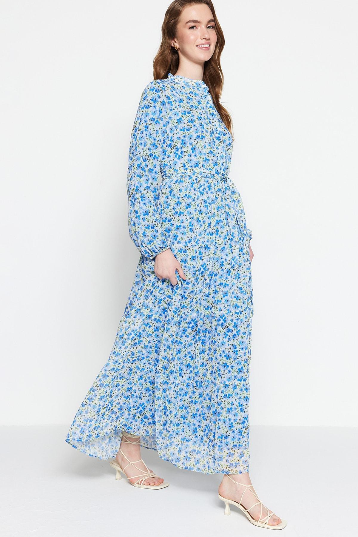 Blue Floral Standing Collared Dress, , large image number 0