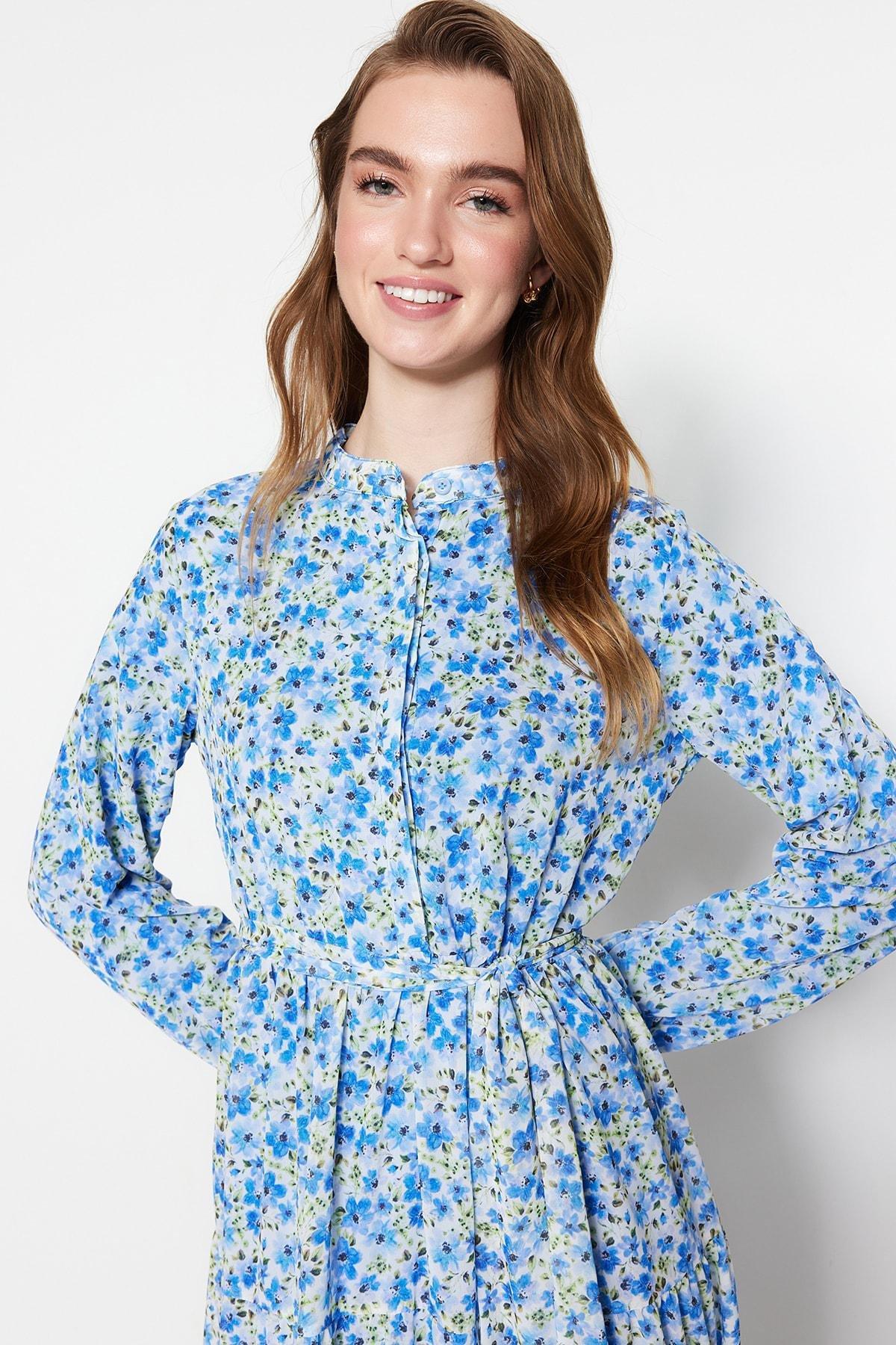 Blue Floral Standing Collared Dress, , large image number 1
