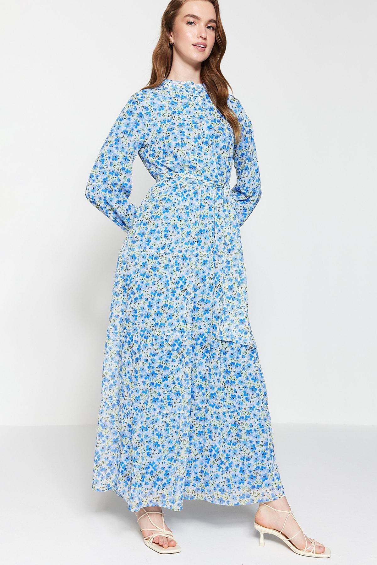 Blue Floral Standing Collared Dress, , large image number 2