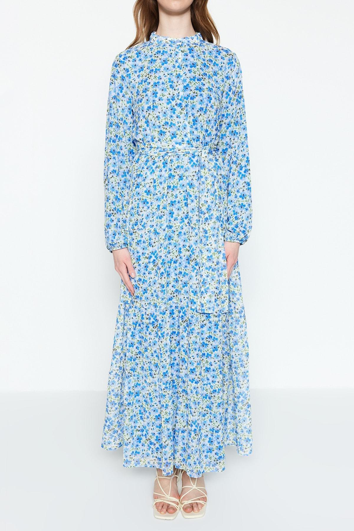 Blue Floral Standing Collared Dress, , large image number 3