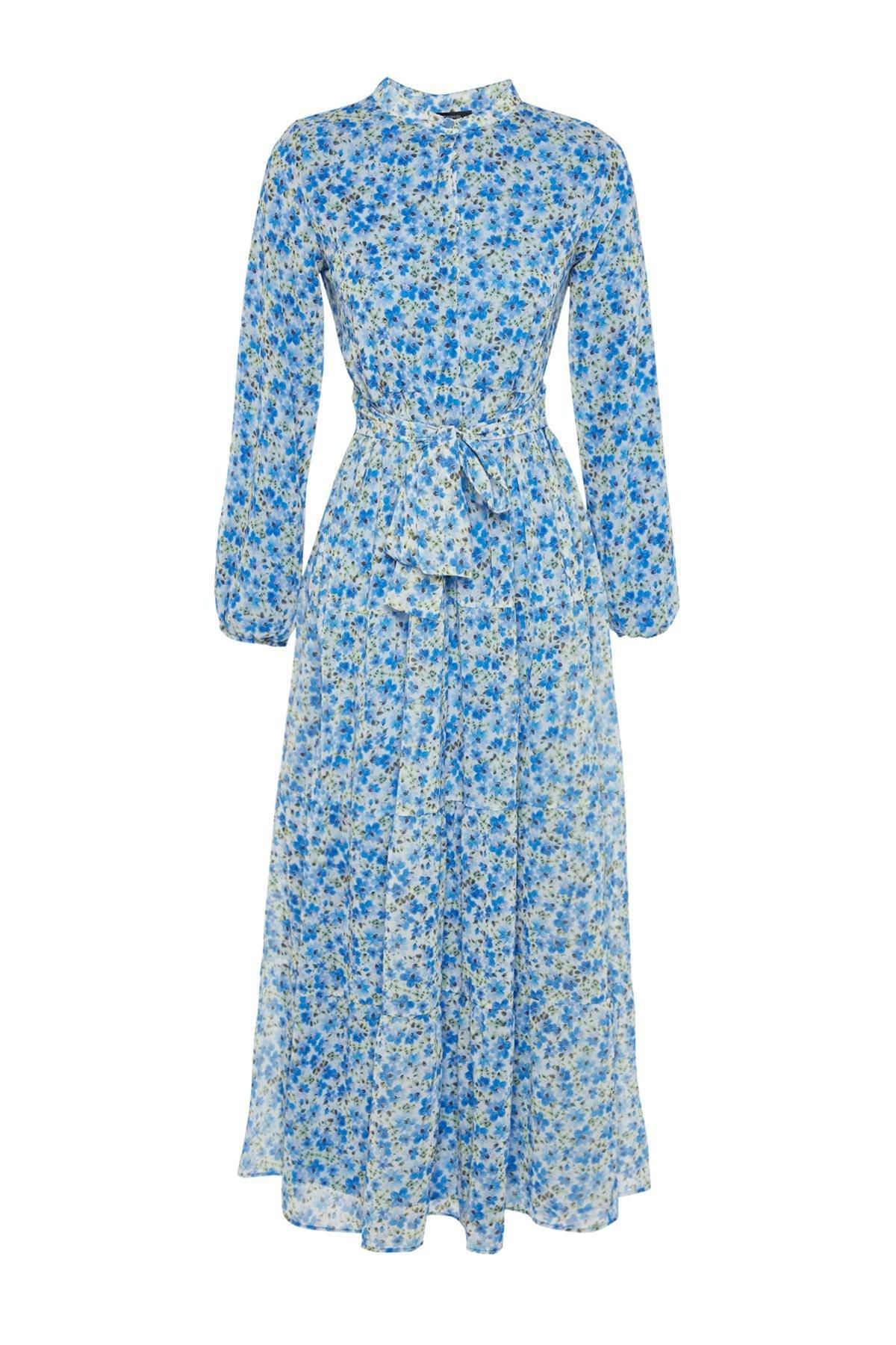 Blue Floral Standing Collared Dress, , large image number 5