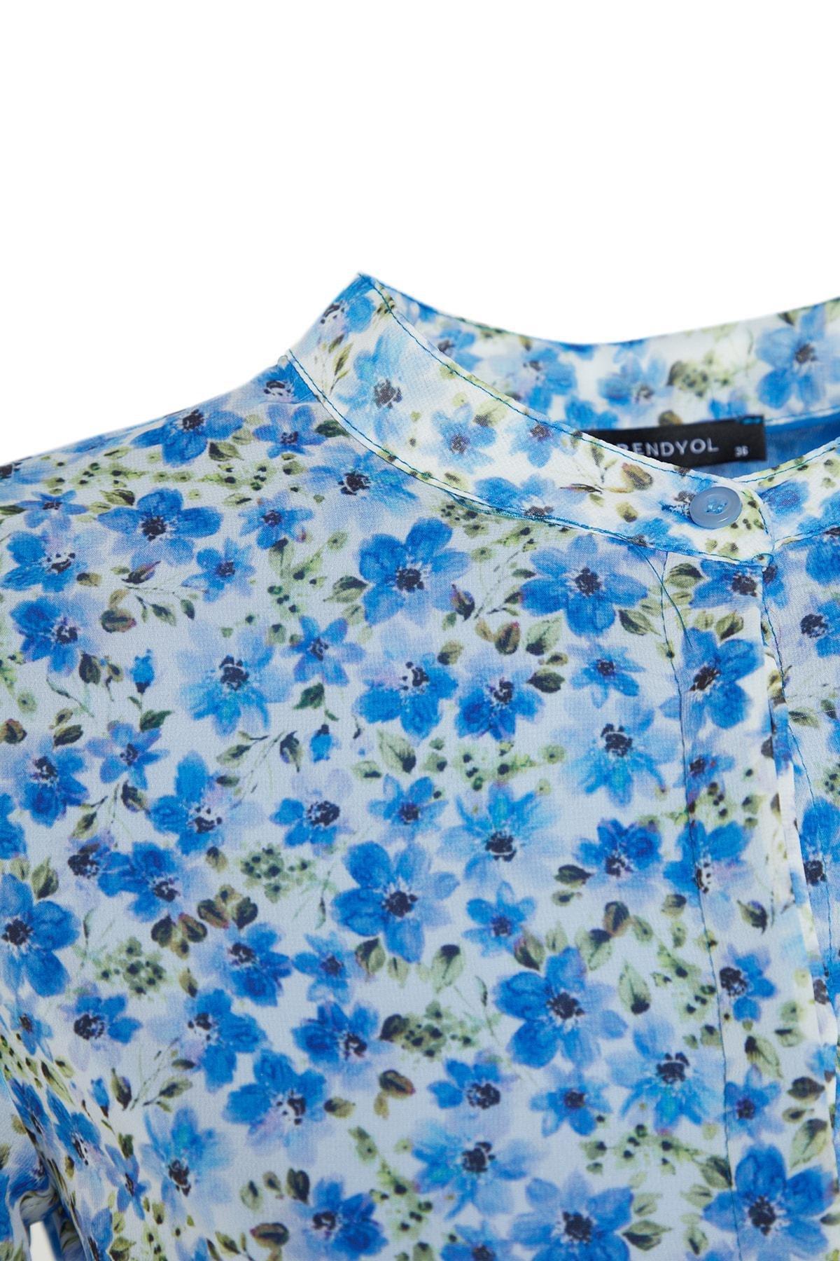 Blue Floral Standing Collared Dress, , large image number 6