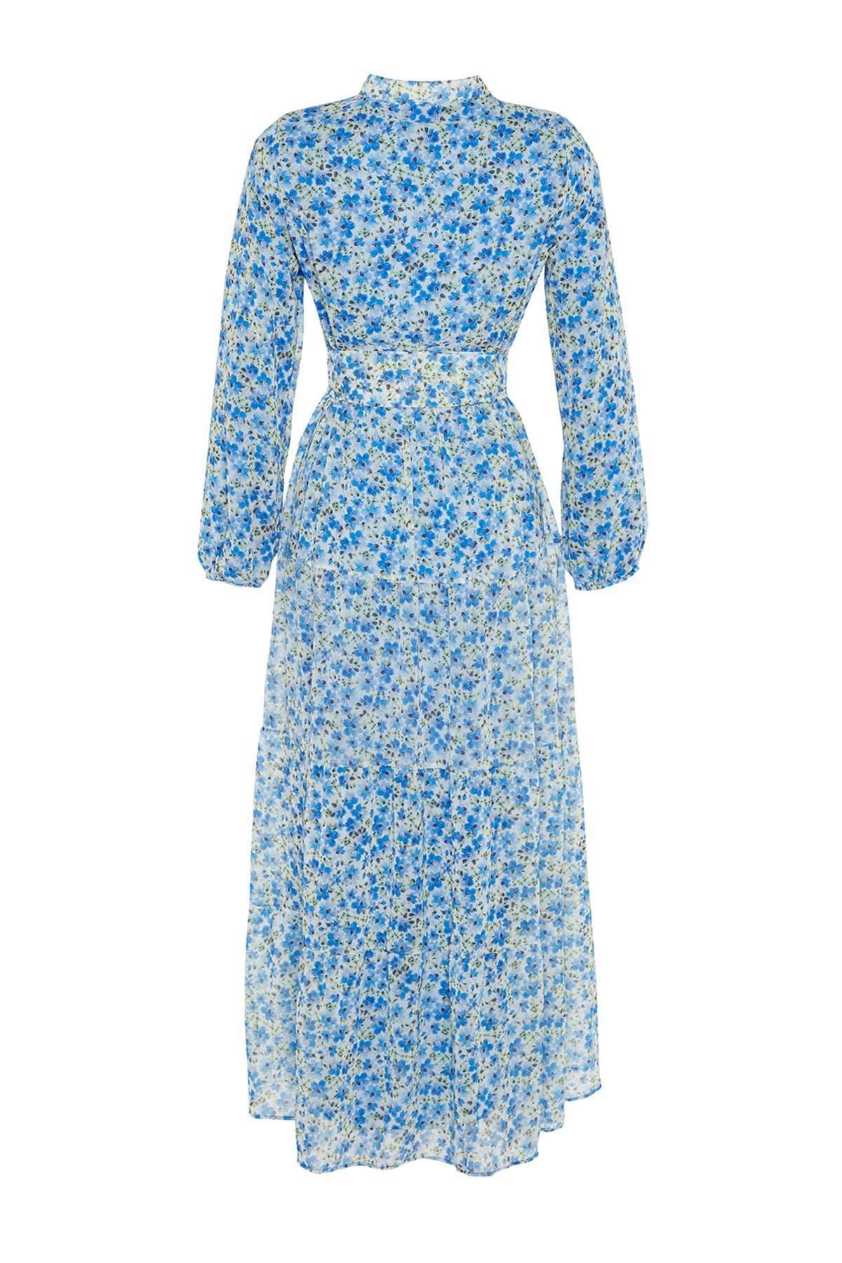 Blue Floral Standing Collared Dress, , large image number 7