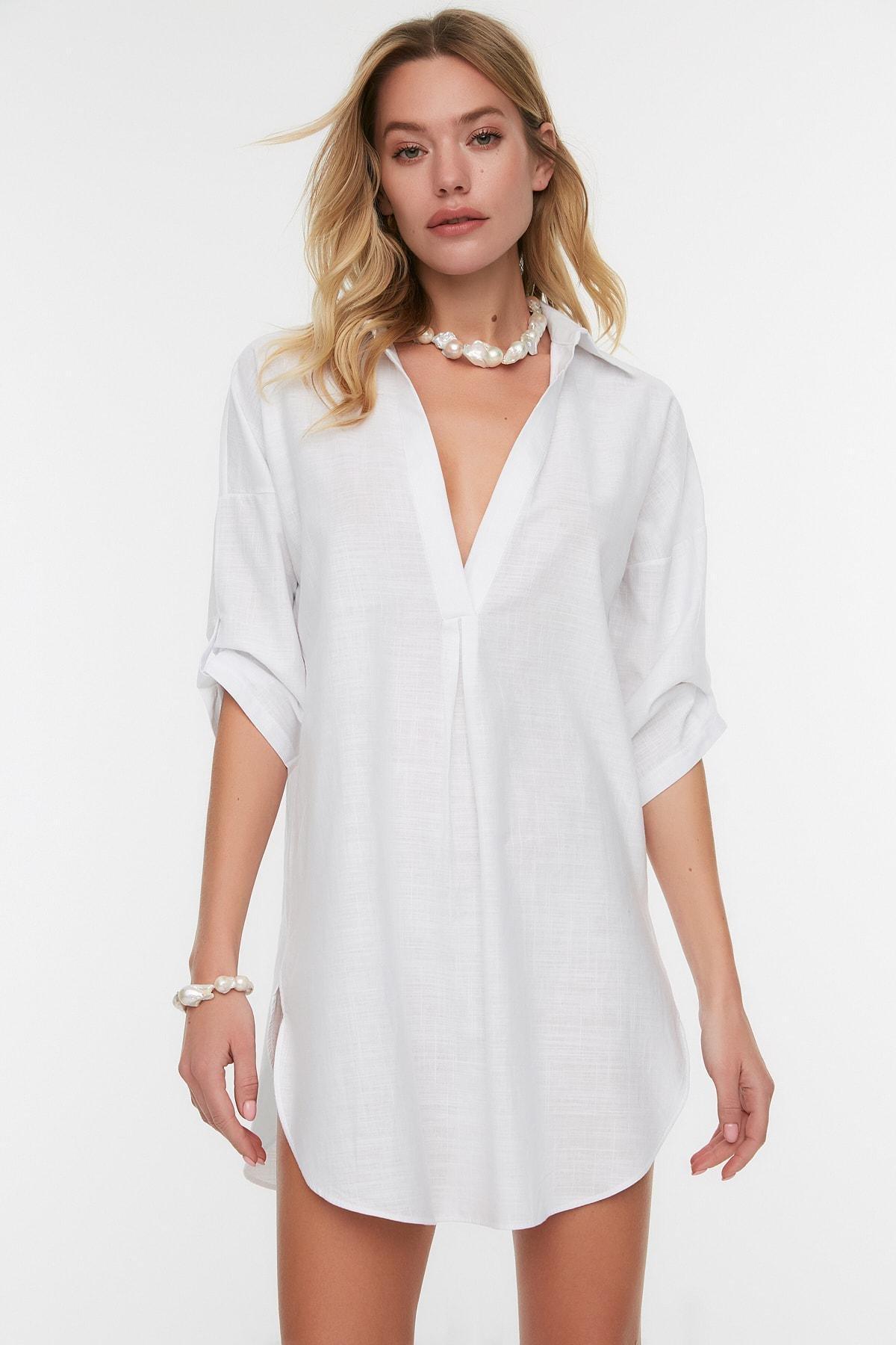 White V-Neck Cotton Dress, , large image number 0