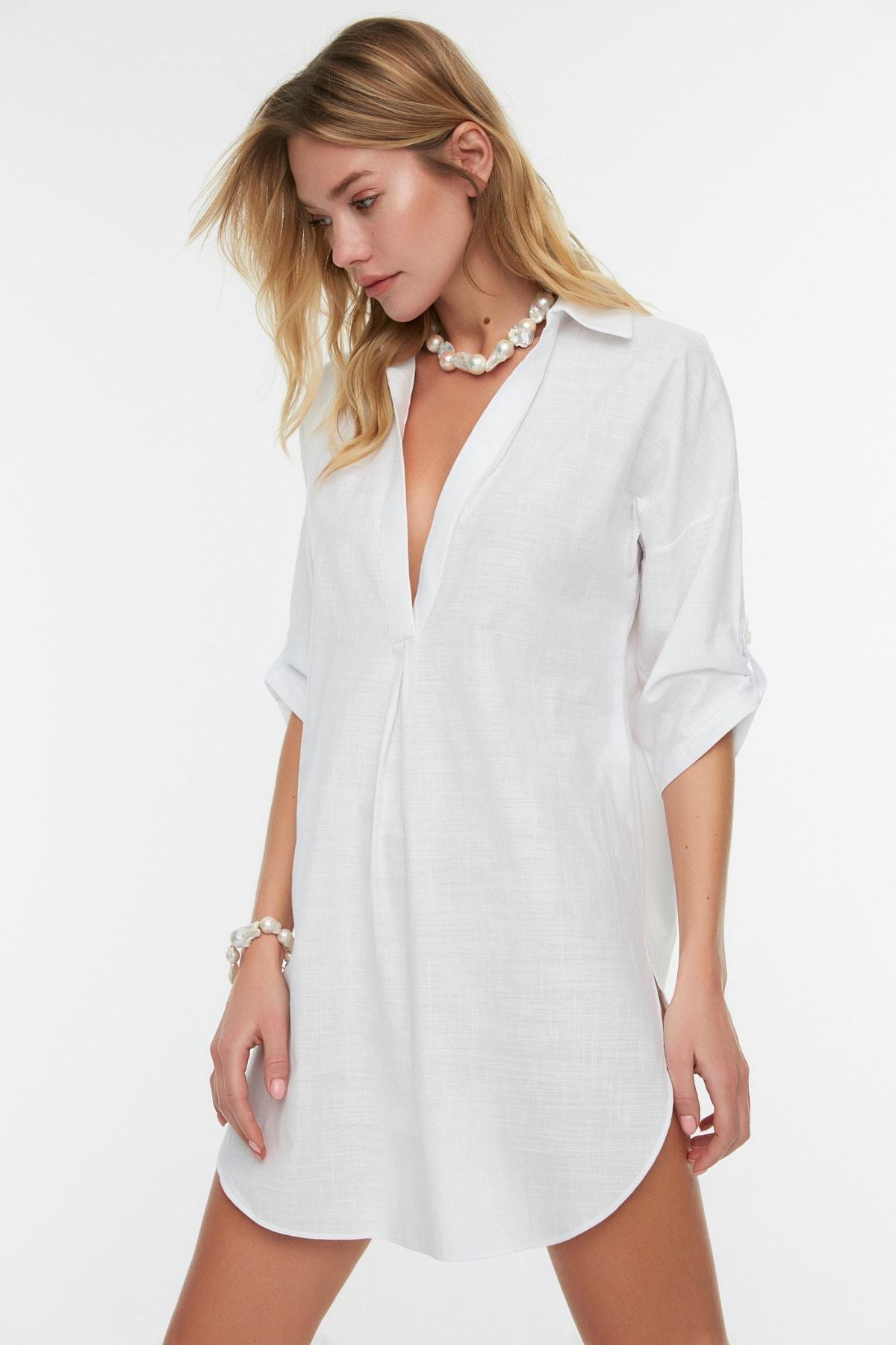 White V-Neck Cotton Dress, , large image number 1