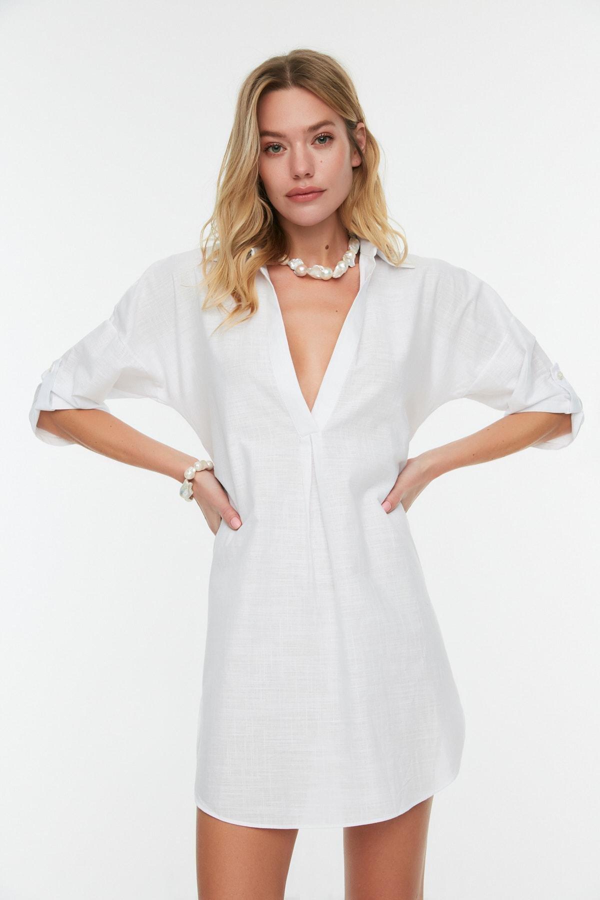 White V-Neck Cotton Dress, , large image number 2