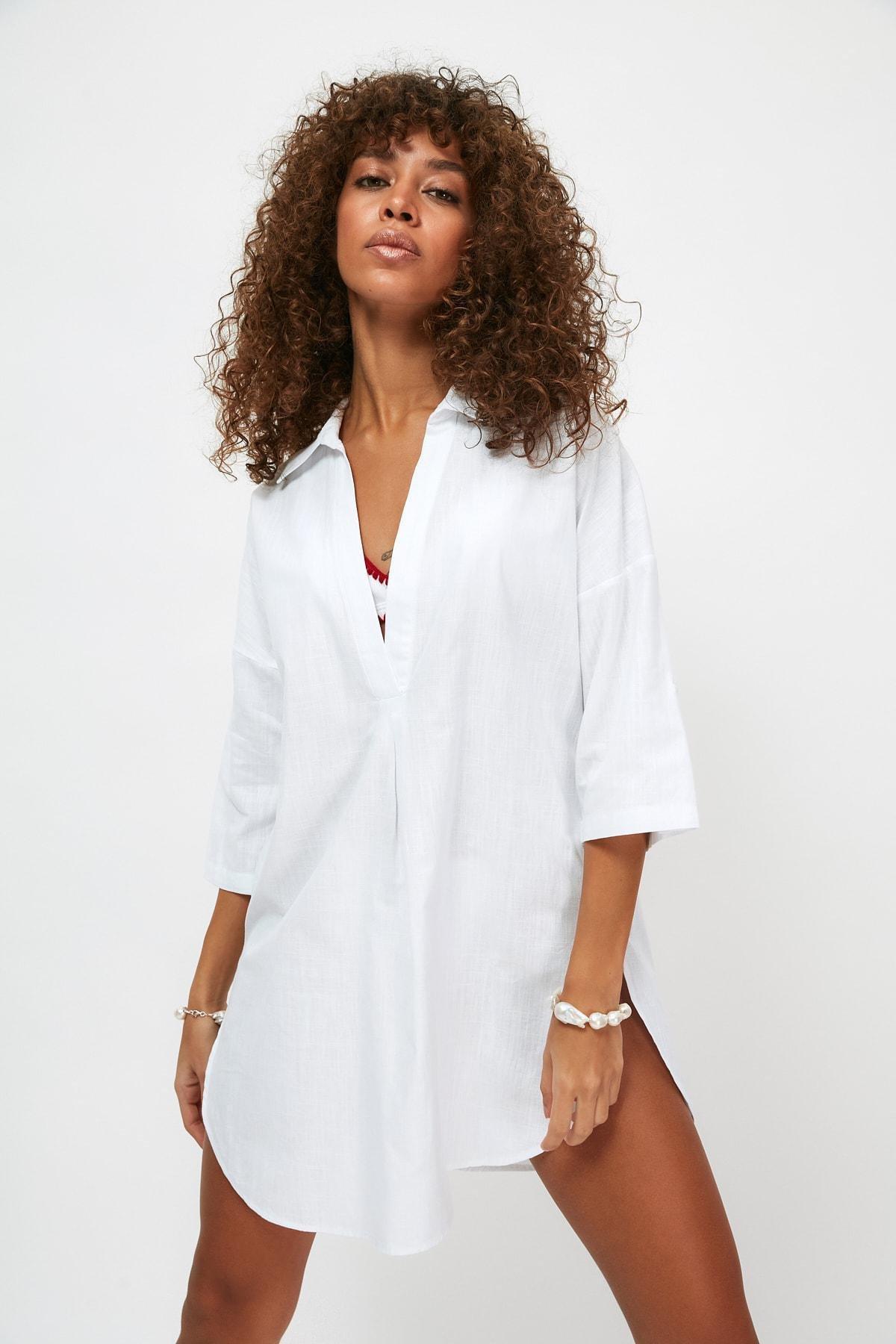 White V-Neck Cotton Dress, , large image number 5