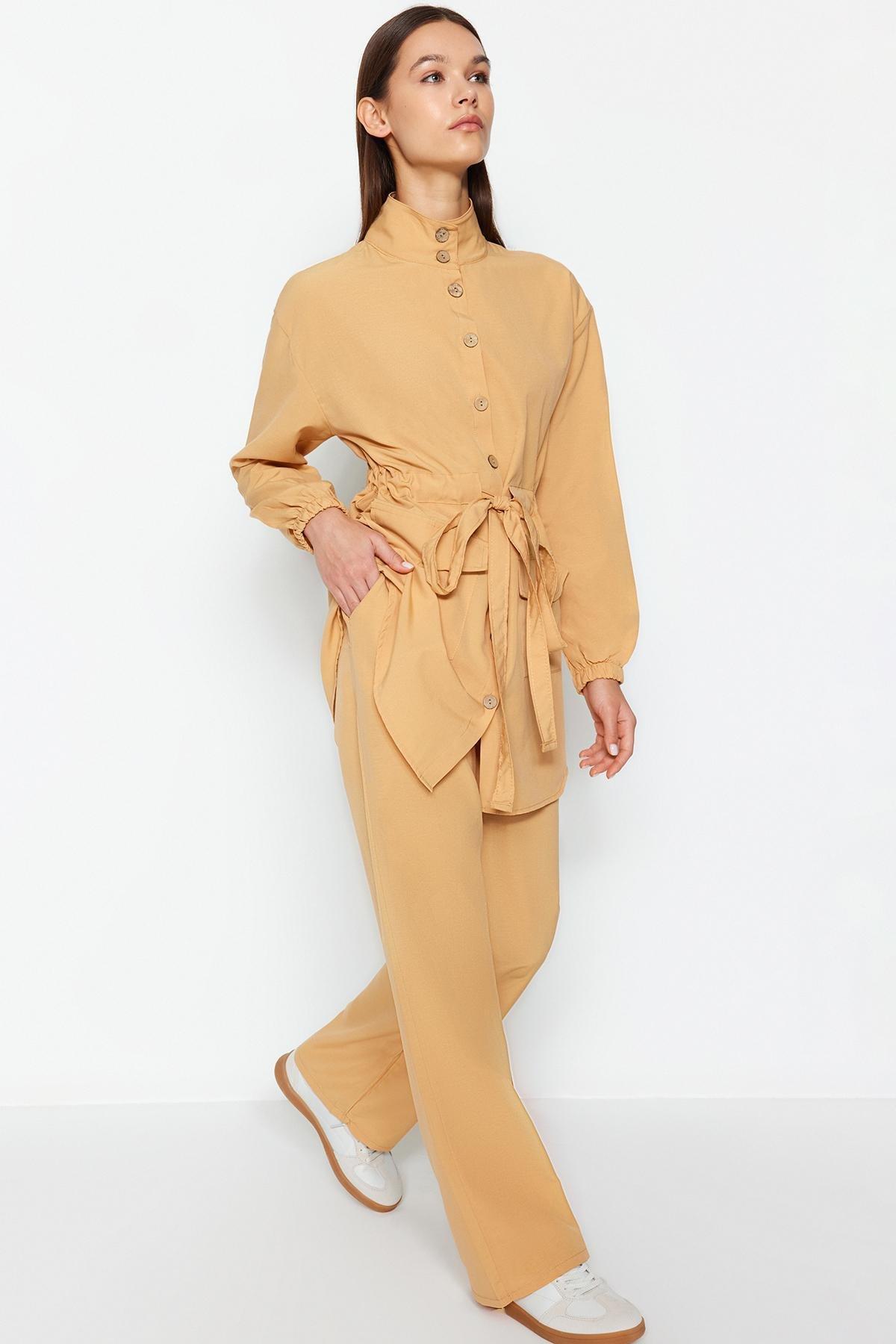 Beige High Neck Belted Co-Ord Set, , large image number 0