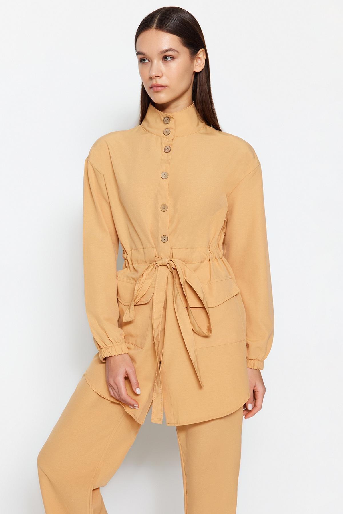 Beige High Neck Belted Co-Ord Set, , large image number 1