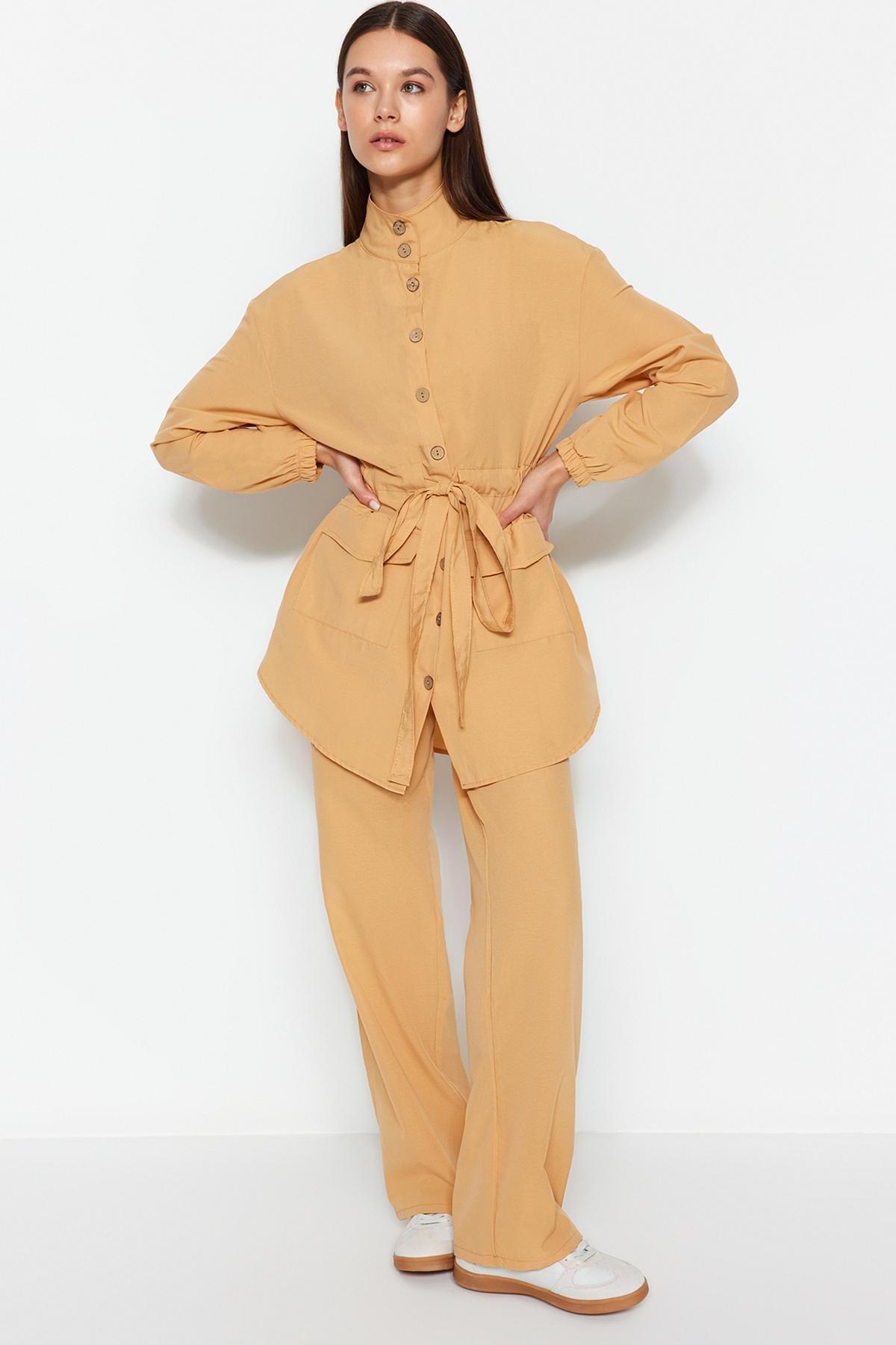 Beige High Neck Belted Co-Ord Set, , large image number 2