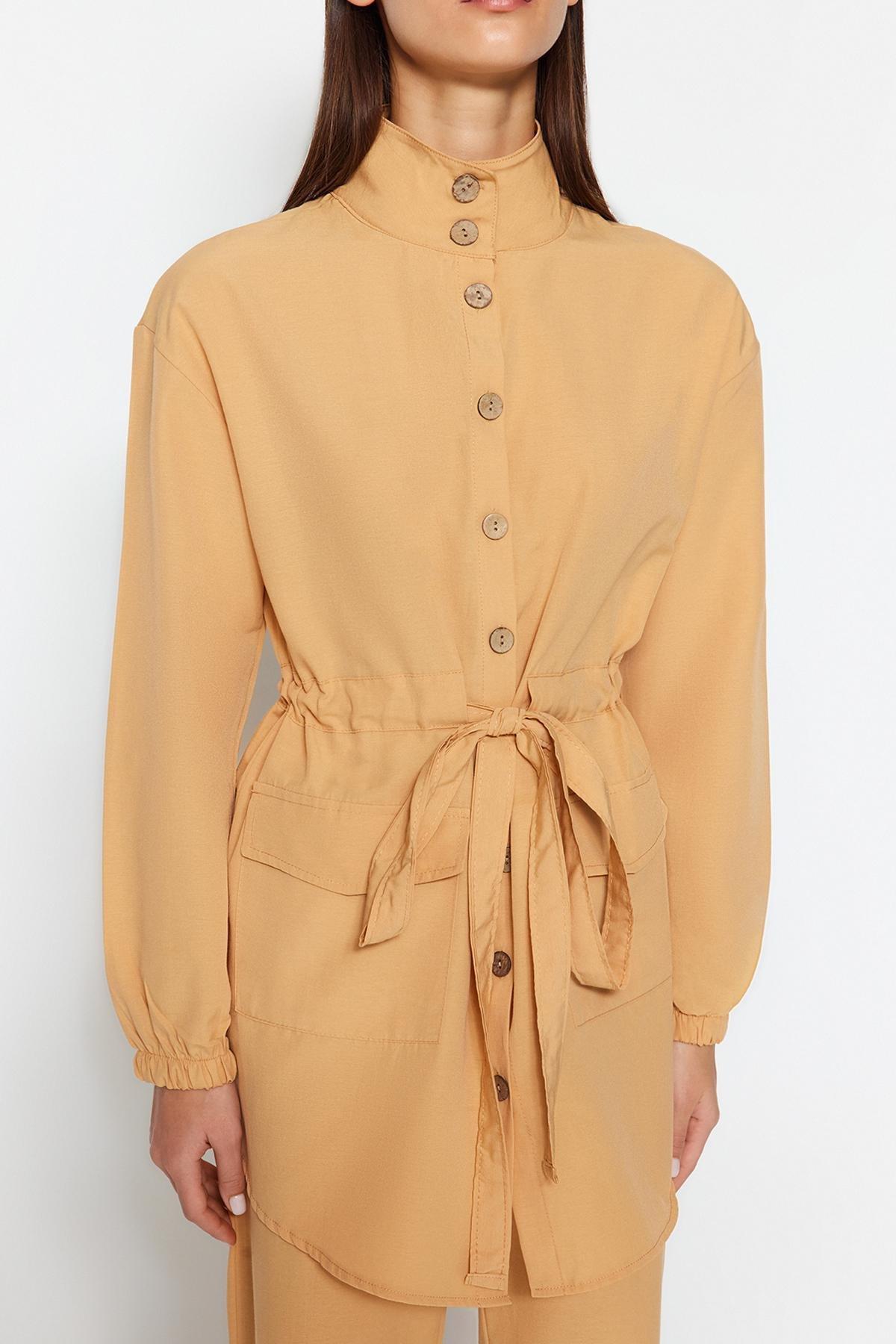 Beige High Neck Belted Co-Ord Set, , large image number 3