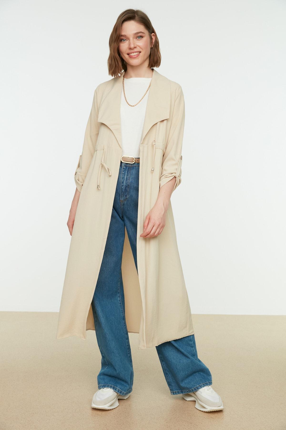 Beige Lapel Collar Abaya, , large image number 1