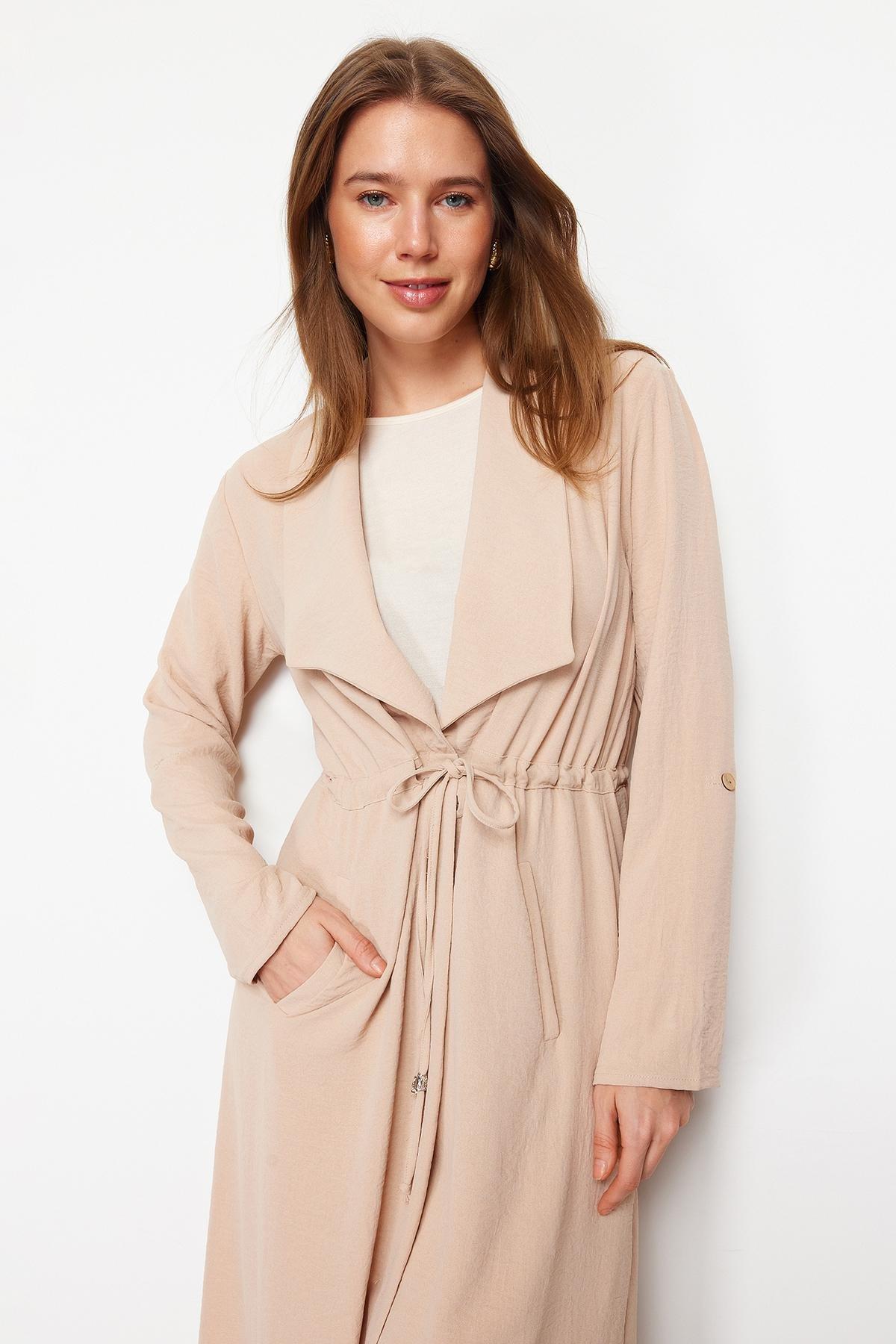 Beige Lapel Collar Abaya, , large image number 4