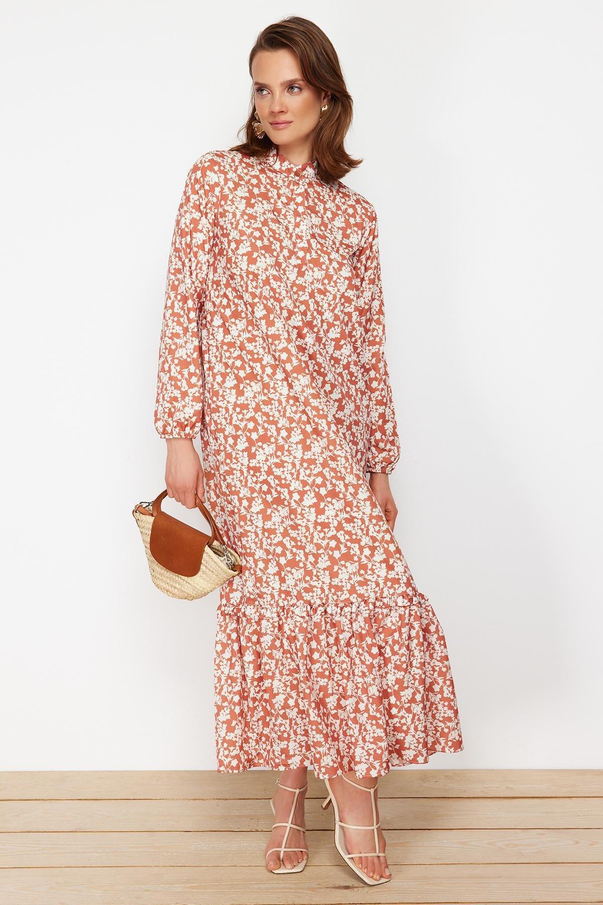 Red Floral Patterned Frill Trim Dress, , large image number 0