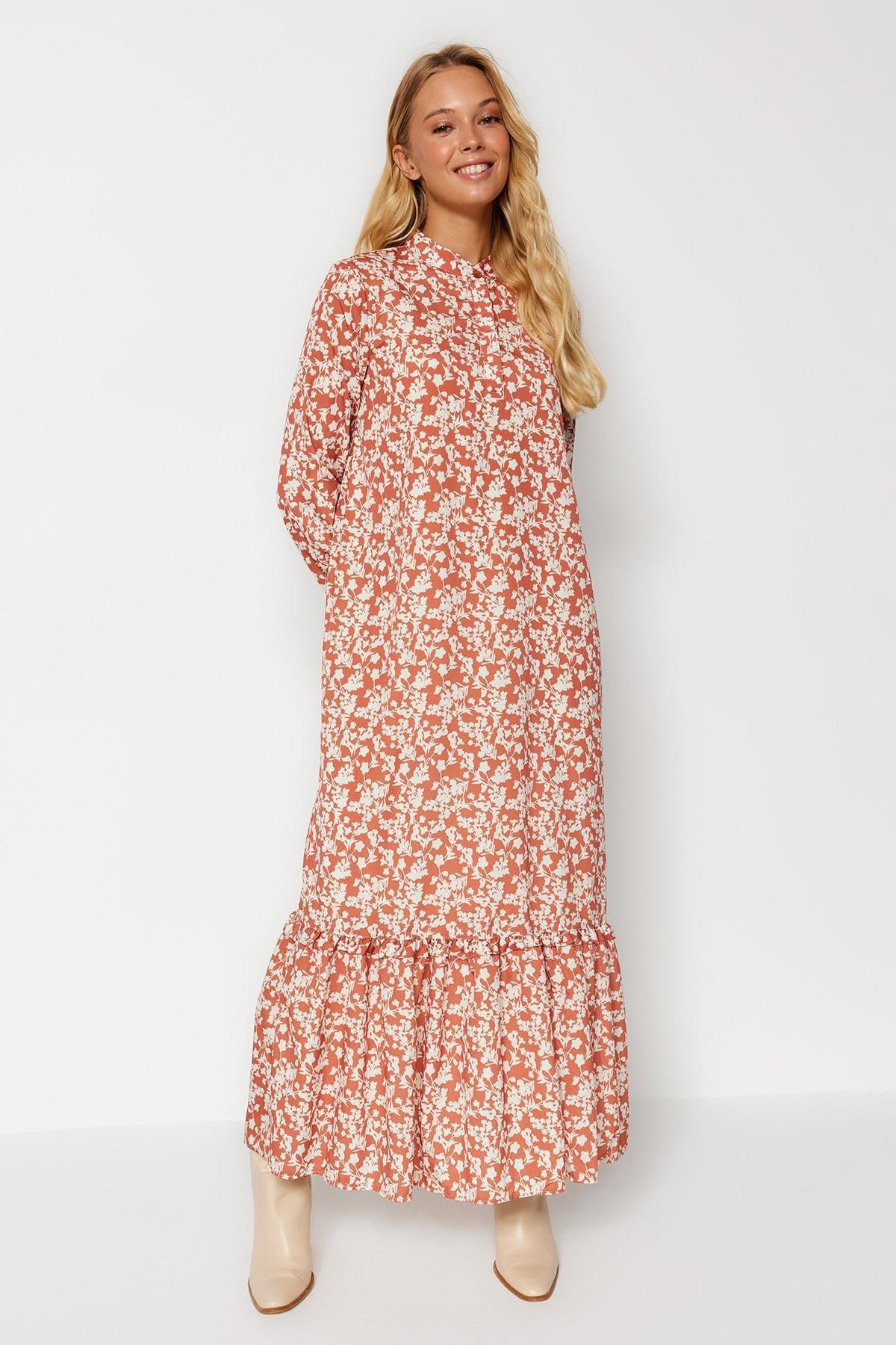 Red Floral Patterned Frill Trim Dress, , large image number 3